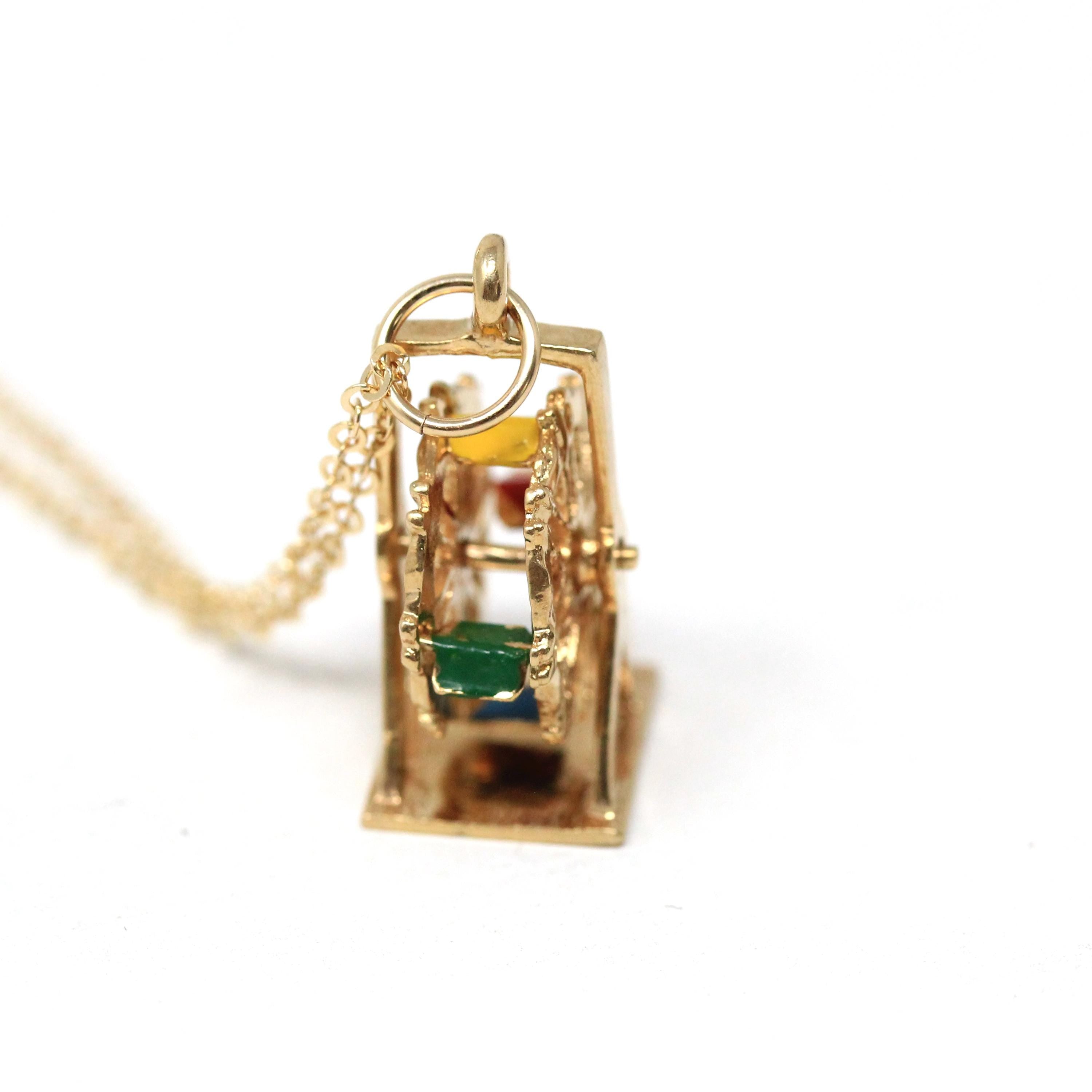 Ferris Wheel Charm - Retro Era 14k Yellow Gold & Enamel Carnival Ride Pendant Necklace - Vintage Circa 1960s Amusement Kinetic Fine Jewelry