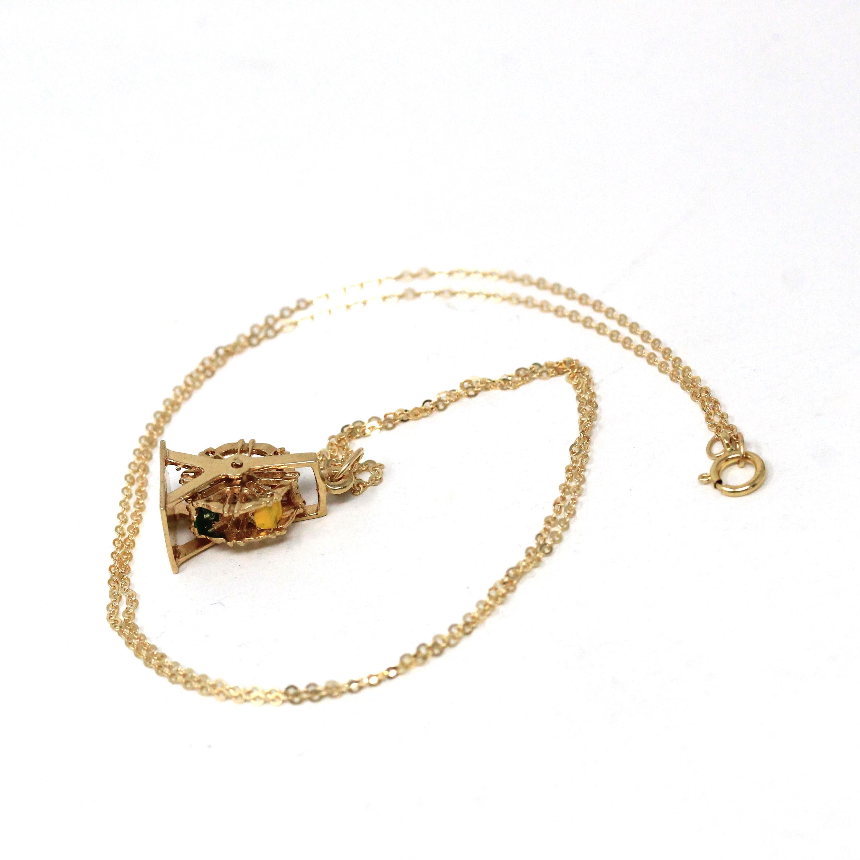 Ferris Wheel Charm - Retro Era 14k Yellow Gold & Enamel Carnival Ride Pendant Necklace - Vintage Circa 1960s Amusement Kinetic Fine Jewelry