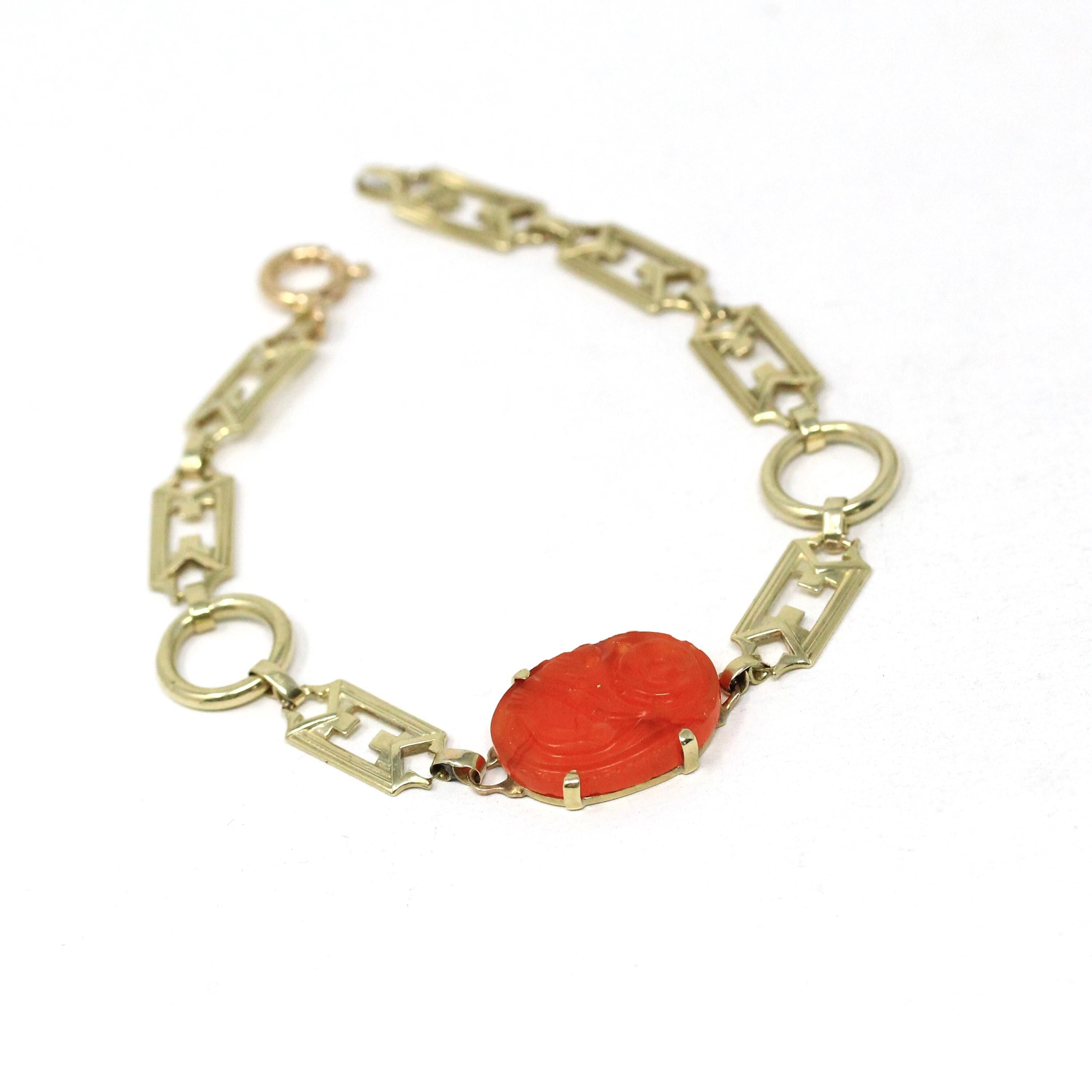 Art Deco Carnelian Bracelet - Antique 14k Yellow Gold Floral Bird Carved Natural Gem - Circa 1920s Era Panel Link Fashion Accessory Jewelry
