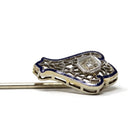 Vintage Filigree Pin - Art Deco 14k White Gold Natural Diamond Gemstone - Circa 1930s Era Fashion Accessory Dark Blue Enamel Fine Jewelry