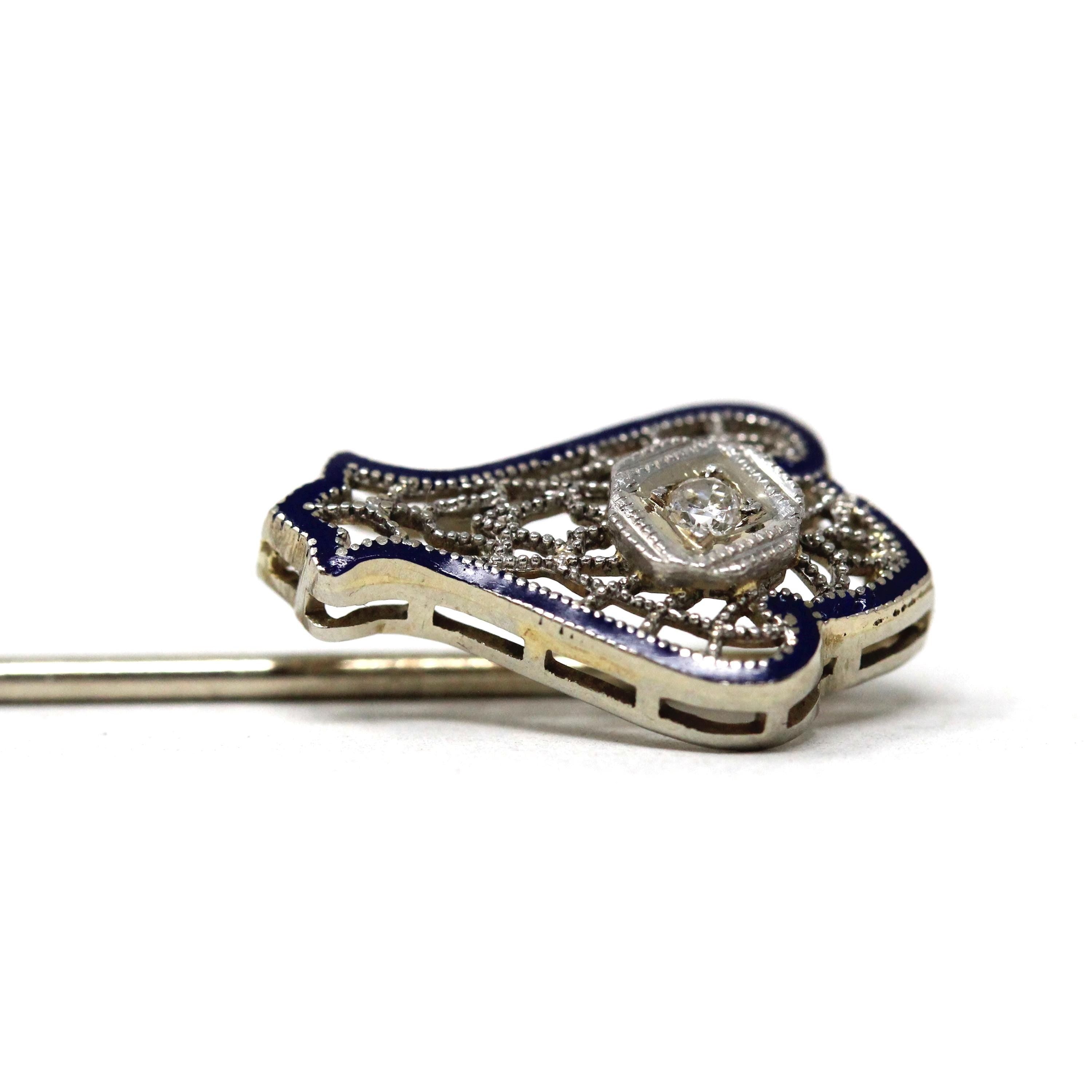 Vintage Filigree Pin - Art Deco 14k White Gold Natural Diamond Gemstone - Circa 1930s Era Fashion Accessory Dark Blue Enamel Fine Jewelry