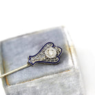 Vintage Filigree Pin - Art Deco 14k White Gold Natural Diamond Gemstone - Circa 1930s Era Fashion Accessory Dark Blue Enamel Fine Jewelry