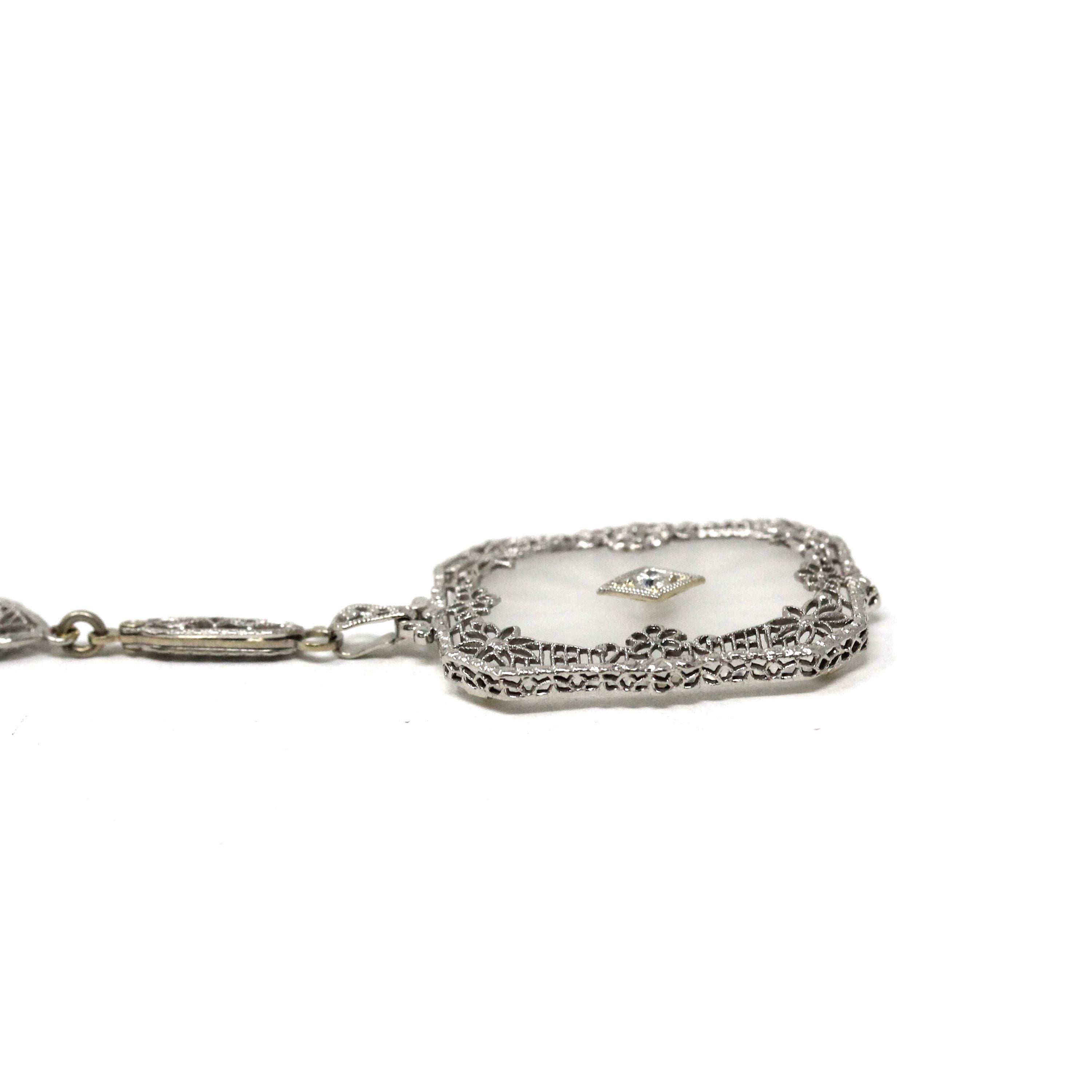 Rock Crystal Quartz Necklace - Art Deco 14k White Gold Natural Diamond Pendant Original Chain - Circa 1930s Statement Filigree Fine Jewelry