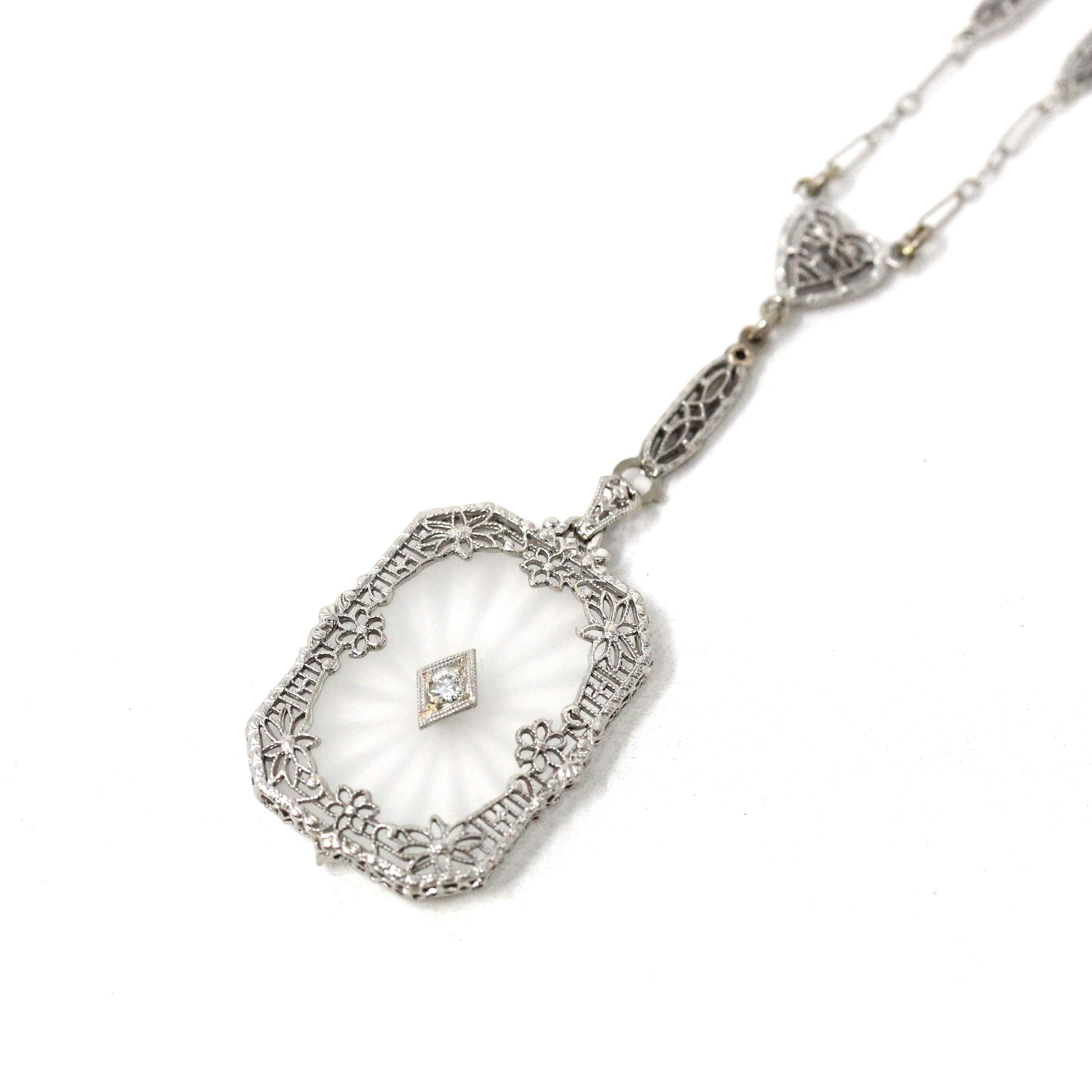 Rock Crystal Quartz Necklace - Art Deco 14k White Gold Natural Diamond Pendant Original Chain - Circa 1930s Statement Filigree Fine Jewelry