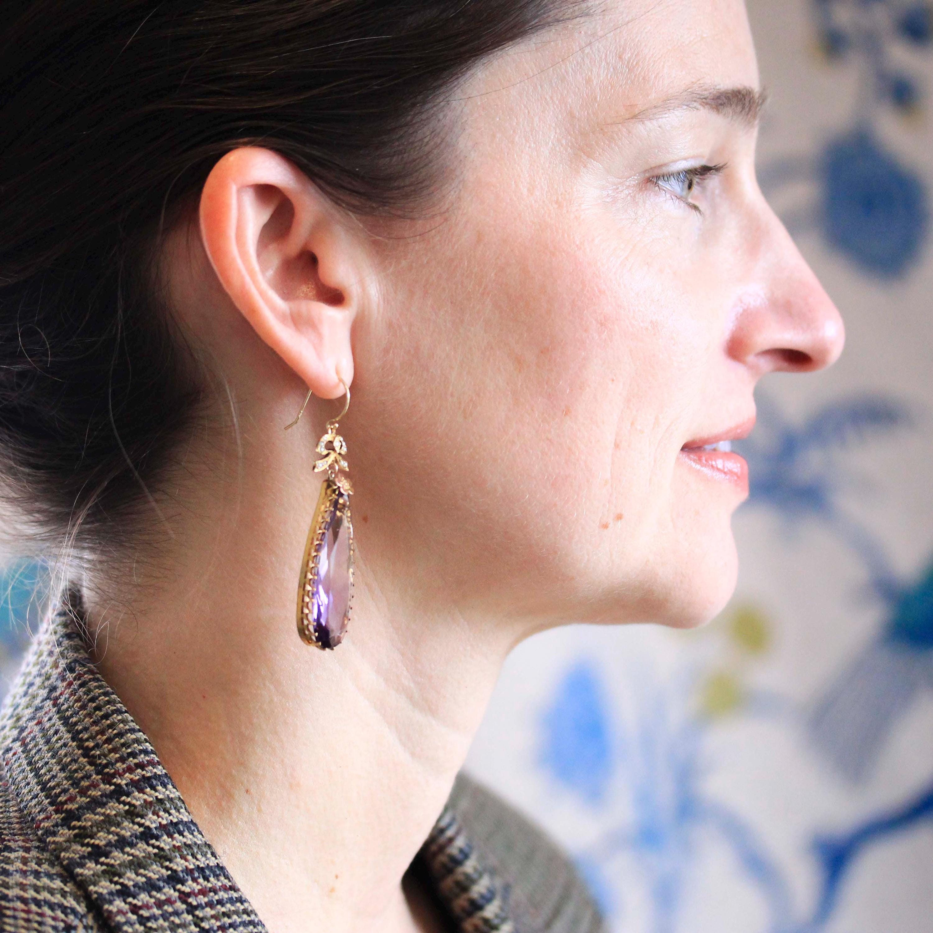 Antique Amethyst Earrings - Edwardian 10k Yellow Gold Natural Purple Teardrop Gemstone - Vintage 1910s Seed Pearl Bow Hook Wire Fine Jewelry