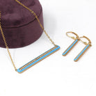 Edwardian Jewelry Set - Antique 14k Yellow Gold Blue Enamel Bar Pendant Necklace & Drop Earrings - Circa 1900s Era Seed Pearl Fine Jewelry
