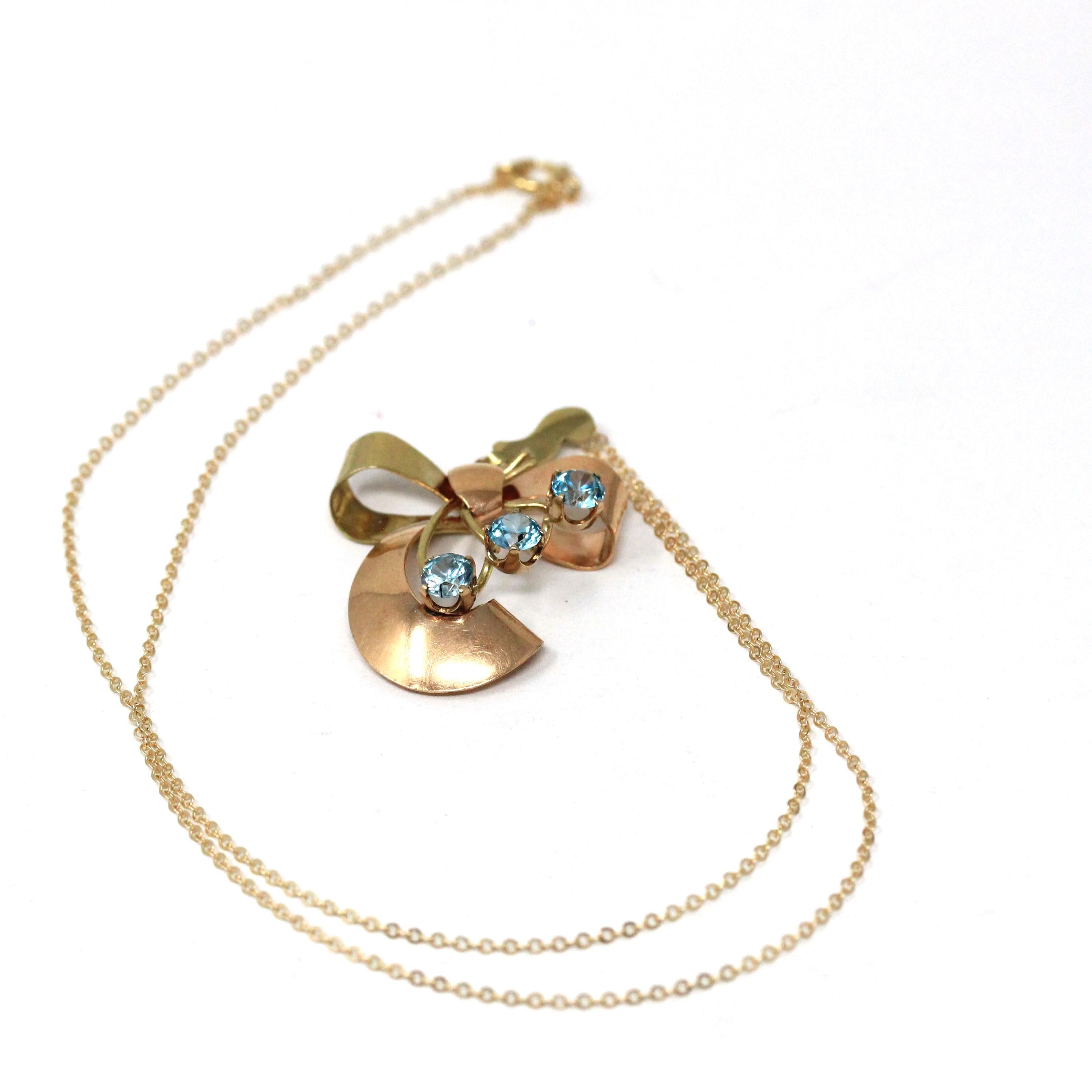 Vintage Bow Necklace - Mid Century 10k Yellow & Rose Gold Natural Blue Zircon 1.5 CTW Pendant - Circa 1940s Two Tone Fine Statement Jewelry