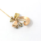 Vintage Bow Necklace - Mid Century 10k Yellow & Rose Gold Natural Blue Zircon 1.5 CTW Pendant - Circa 1940s Two Tone Fine Statement Jewelry