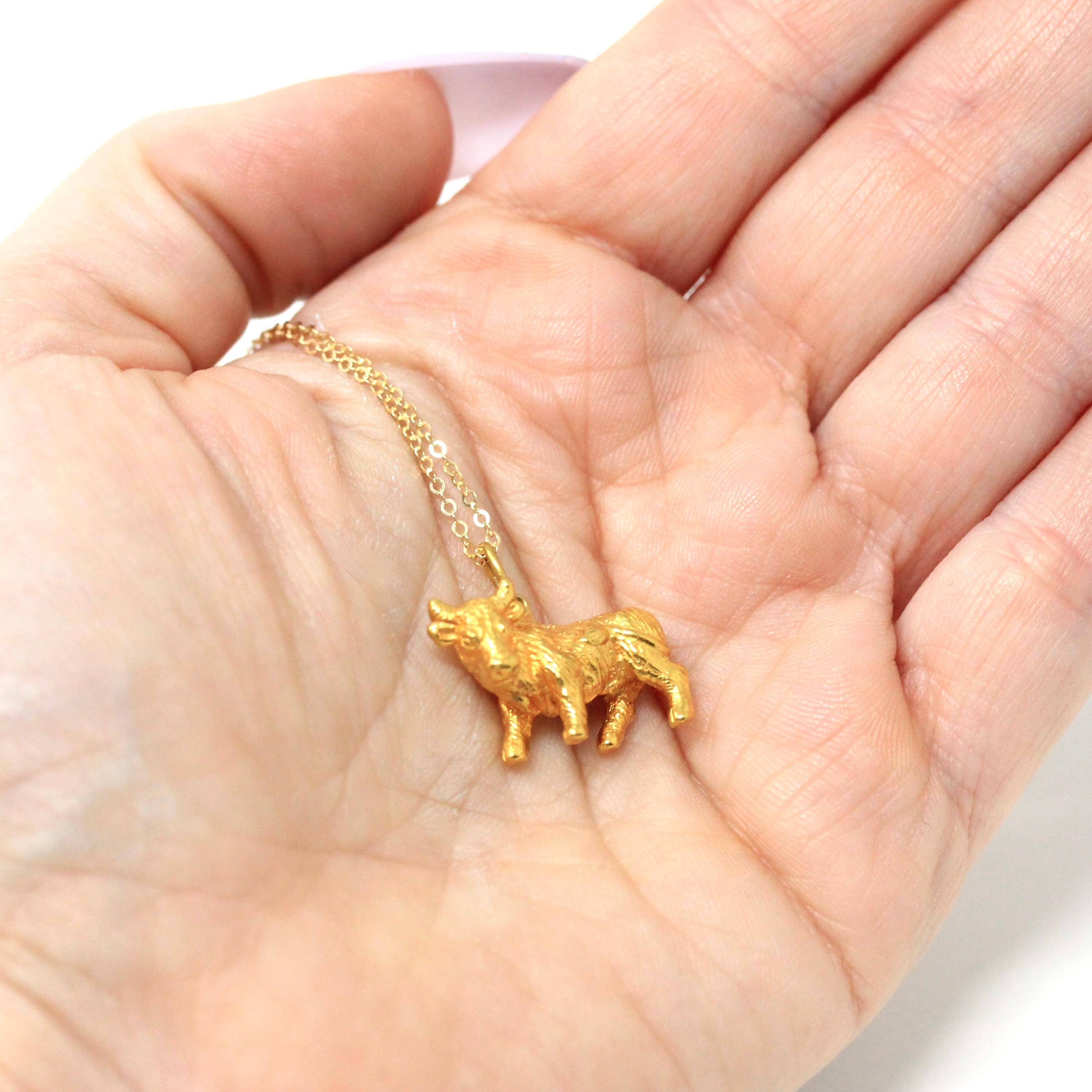 Estate Taurus Charm - Modern 14k Yellow Gold Figural Bull Pendant Necklace - Circa 1990s Era Astrological Fine Zodiac Earth Sign Jewelry