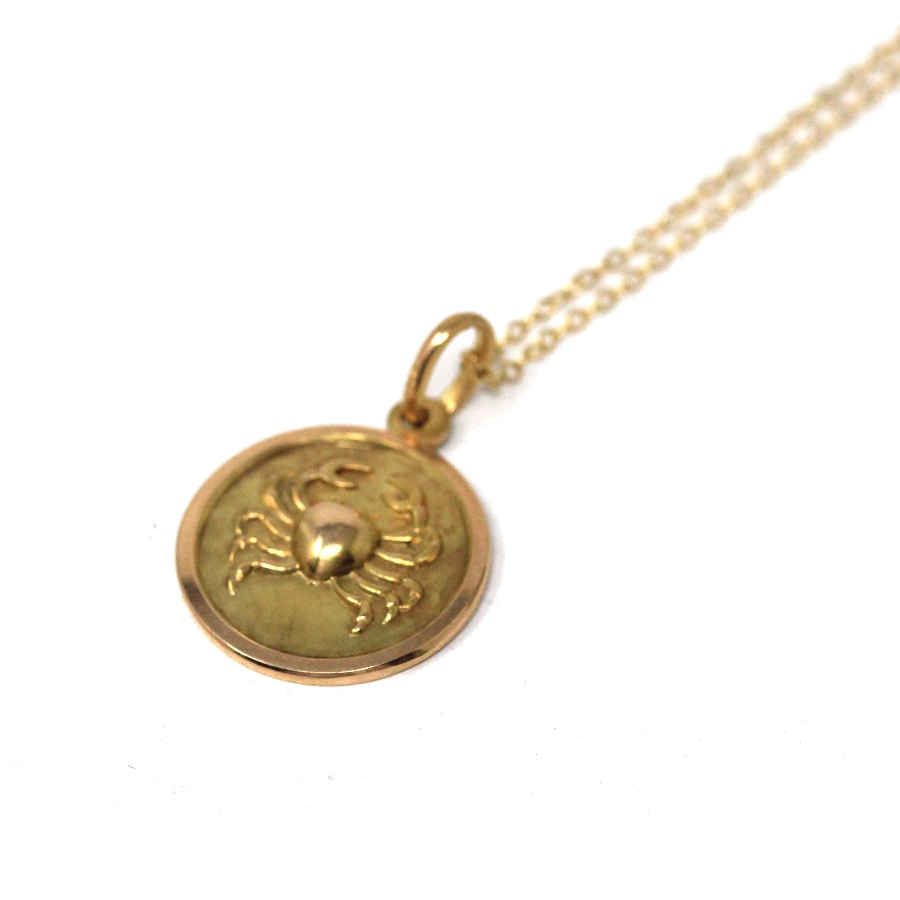 Estate Cancer Charm - Modern 18k Yellow Gold Crab Astrological Sign Necklace Pendant - Circa 1990s Zodiac Celestial Water Element Jewelry