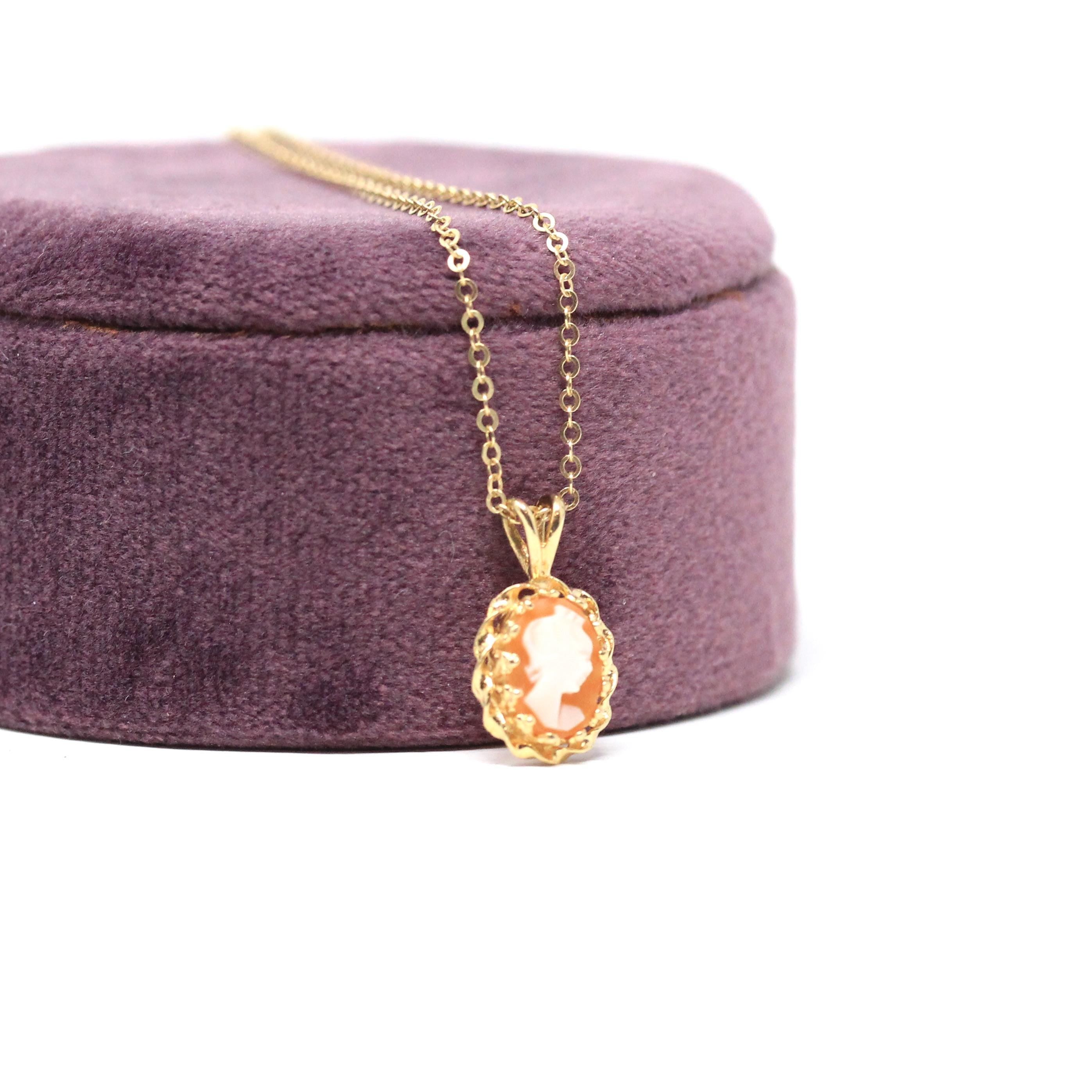 Vintage Cameo Pendant - Retro 14k Yellow Gold Carved Shell Woman's Profile Necklace - Circa 1970s Era Oval Dainty Petite Charm Fine Jewelry