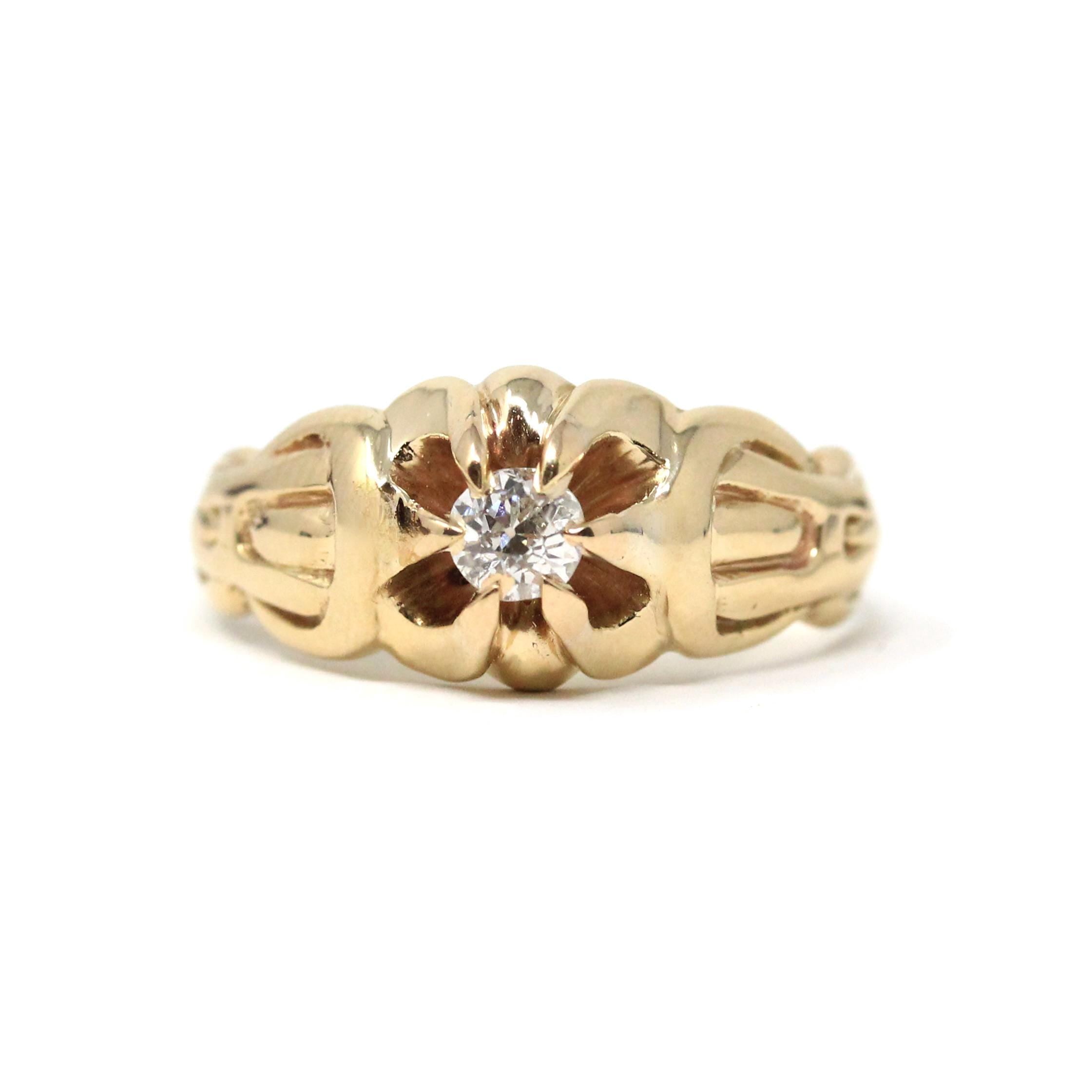 Edwardian Diamond Ring - Antique 14k Yellow Gold Natural Gemstone - Vintage 1900s Size 10 1/2 Belcher Men's Unisex Fine Engagement Jewelry