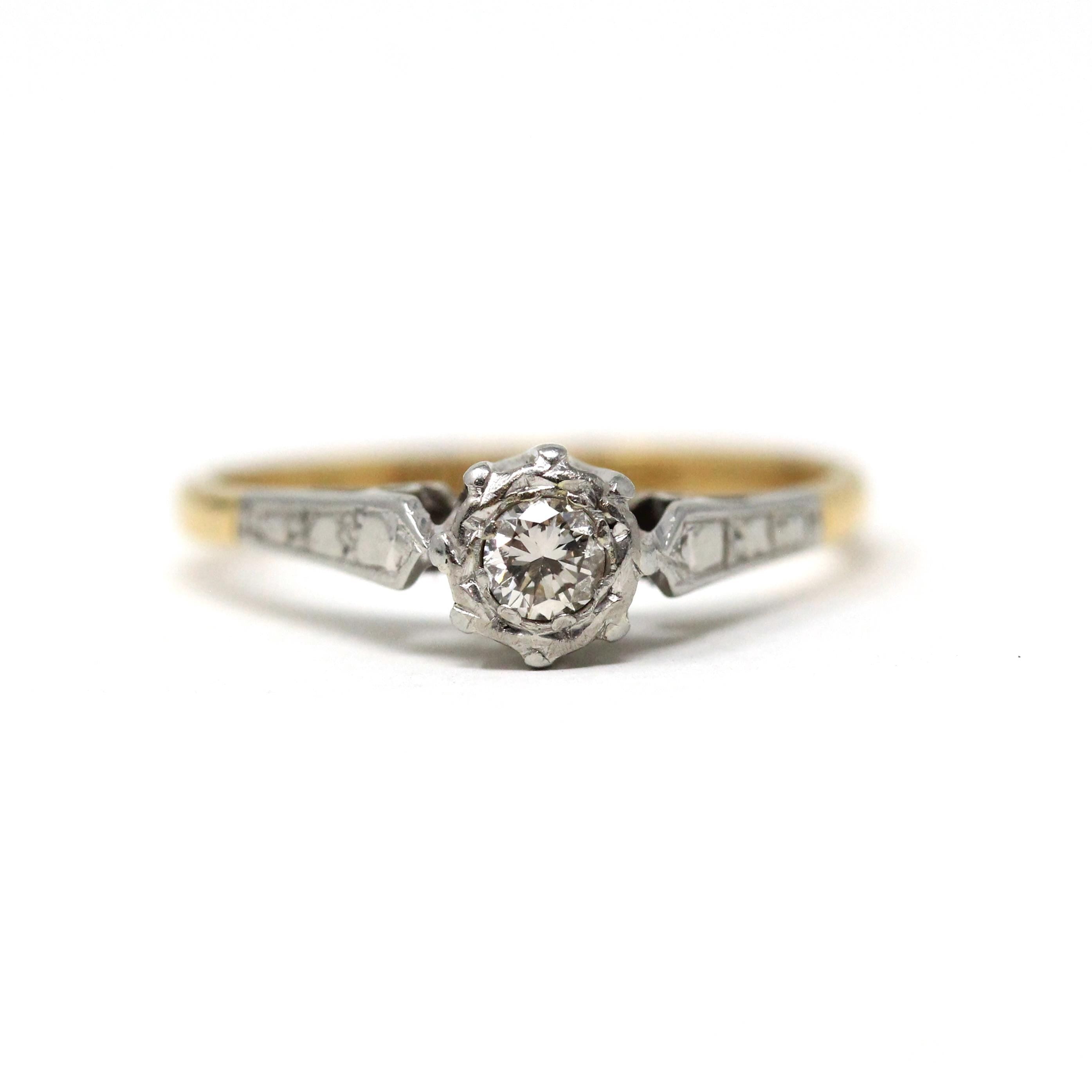 Vintage Diamond Ring - Mid Century Era 18k Yellow & White Gold Natural Gemstone Engagement - Circa 1960s Size 5 Two Tone Fine Bridal Jewelry