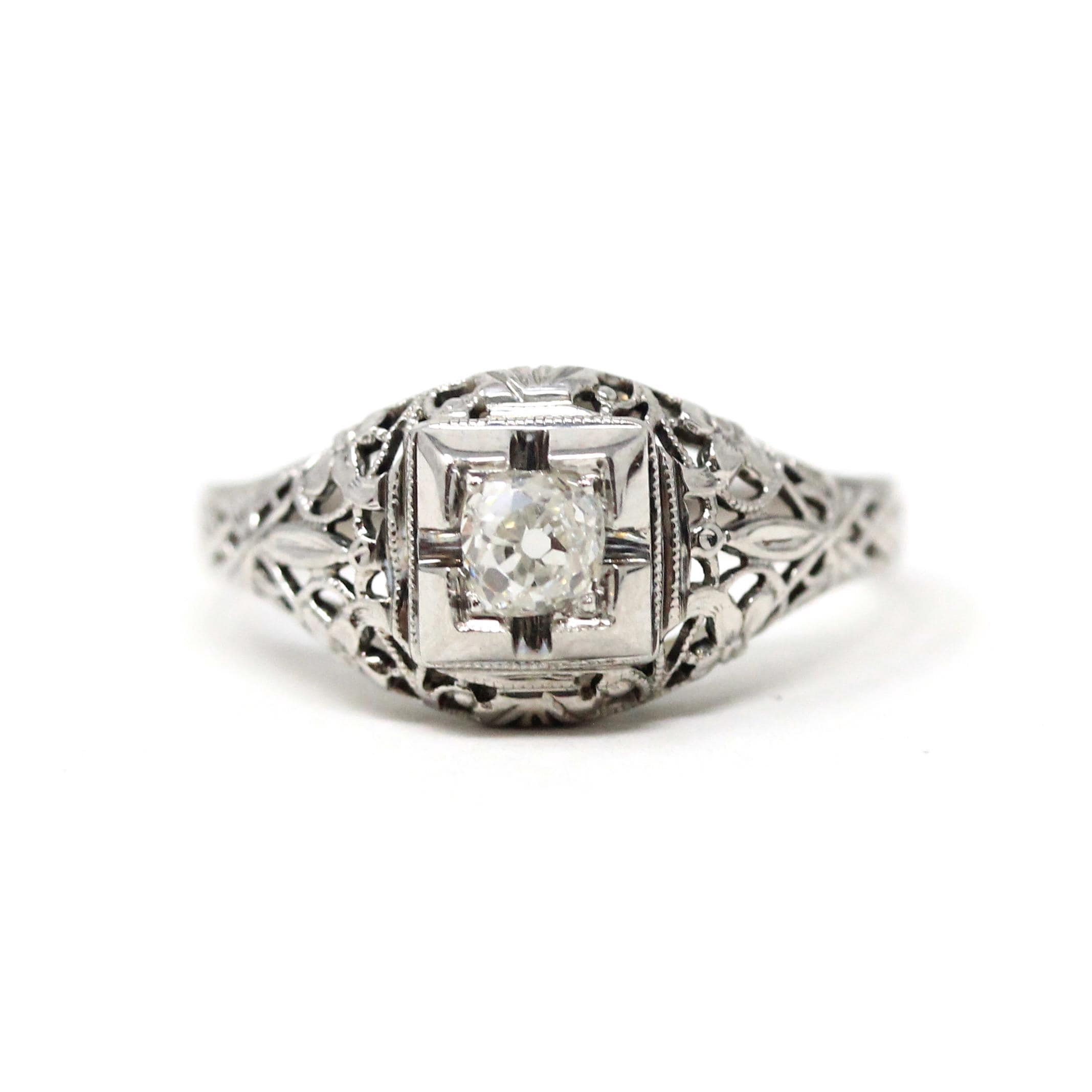 Vintage Diamond Ring - Art Deco 18k White Gold Natural Solitaire Engagement - Circa 1930s Era Size 6 1/2 Die Struck Filigree Fine Jewelry
