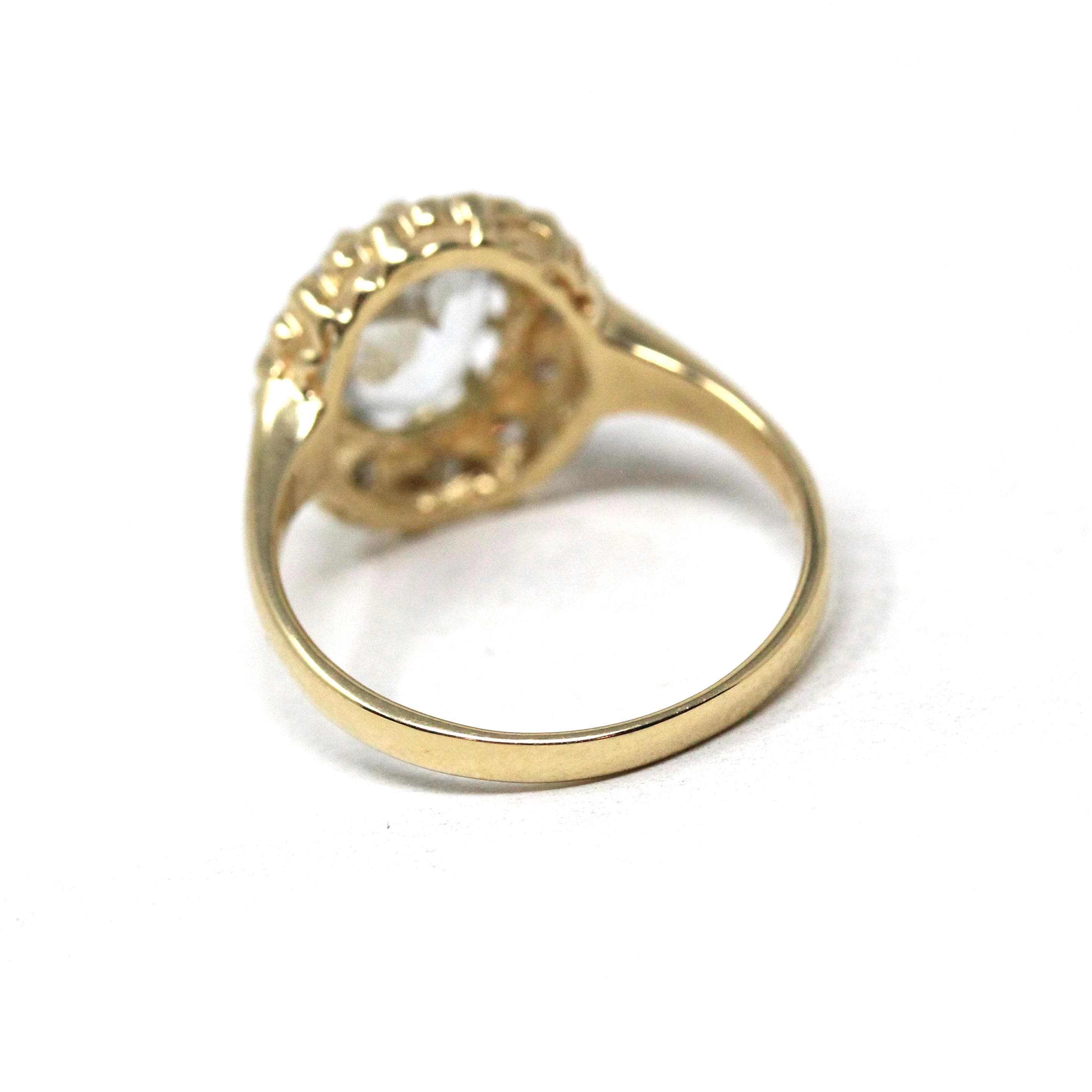 Aquamarine Halo Ring - Modern 14k Yellow Gold Natural Diamonds Accents - Estate 1990s Size 7 1/4 March Birthstone Fine Statement Jewelry