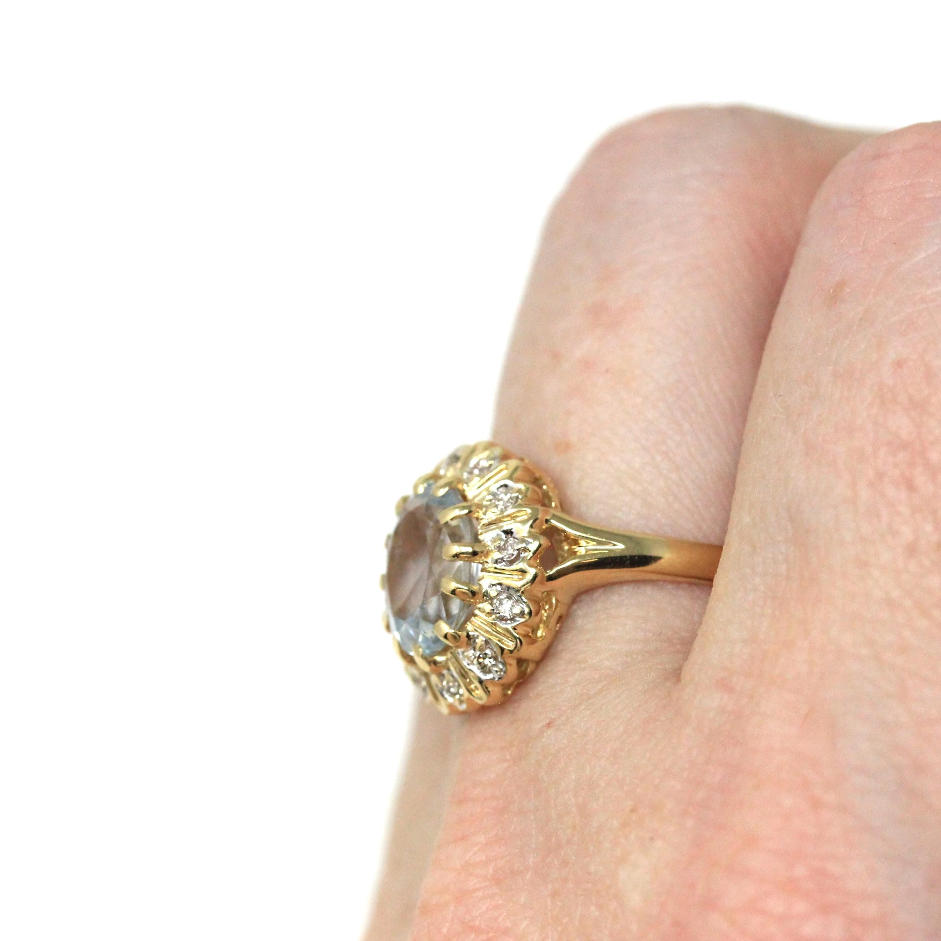 Aquamarine Halo Ring - Modern 14k Yellow Gold Natural Diamonds Accents - Estate 1990s Size 7 1/4 March Birthstone Fine Statement Jewelry