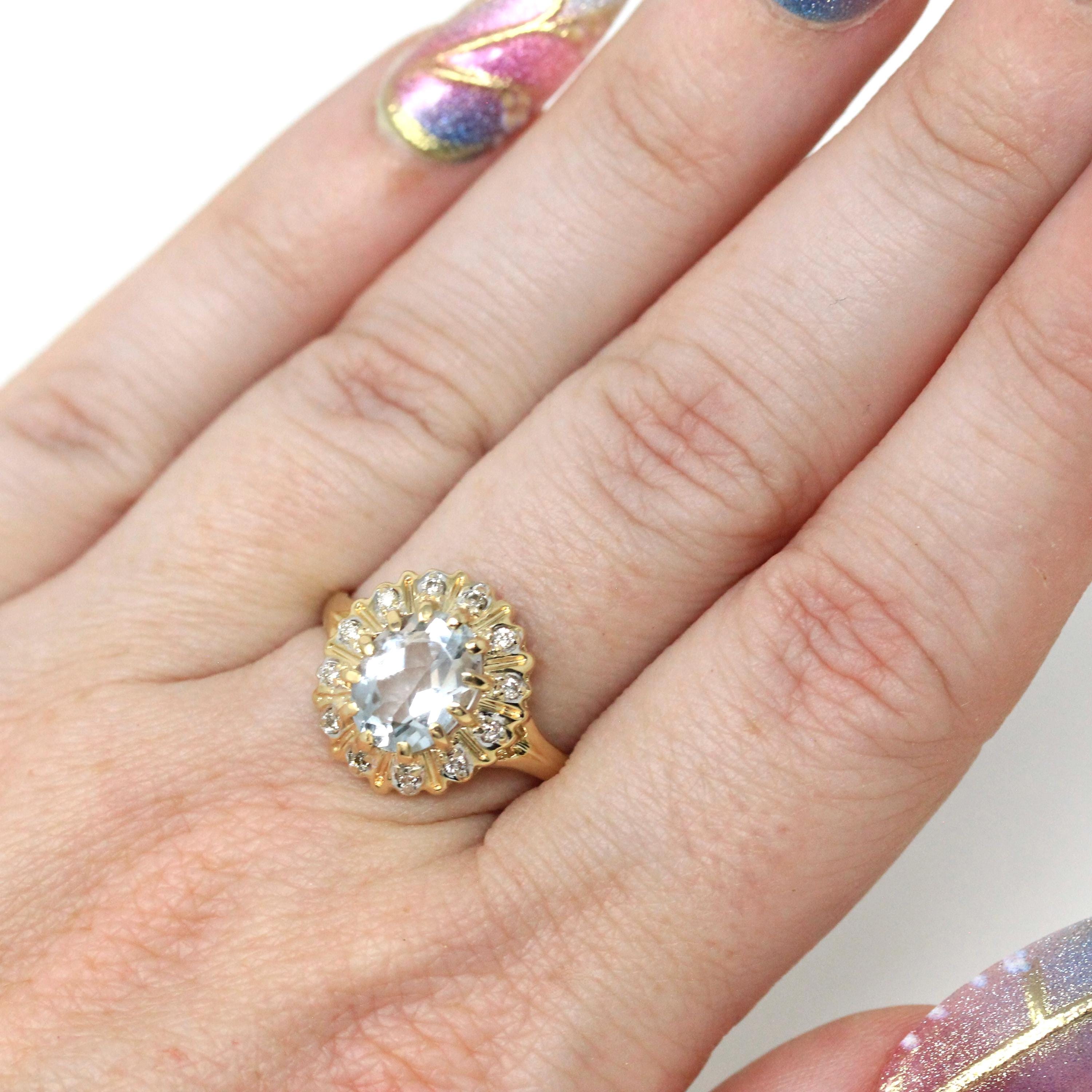 Aquamarine Halo Ring - Modern 14k Yellow Gold Natural Diamonds Accents - Estate 1990s Size 7 1/4 March Birthstone Fine Statement Jewelry