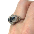 Mid Century Cocktail Ring - Vintage 18K White Gold Natural Diamonds Blue Sapphires Three Stone - Circa 1950s Era Size 7 1/4 Fine 50s Jewelry