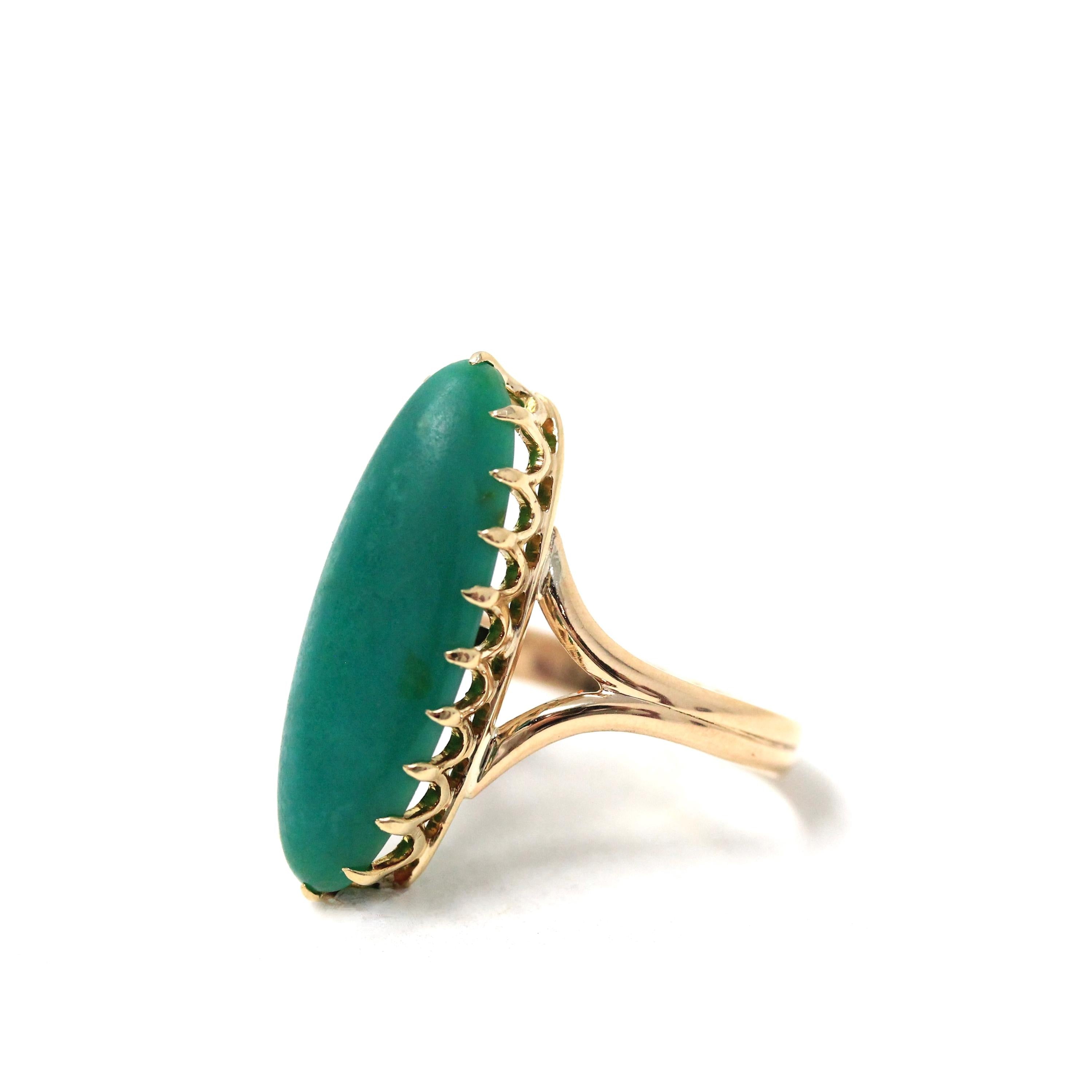 Vintage Chrysoprase Ring - Retro 14k 10k Yellow Gold Oblong Oval Cabochon Natural Green Gemstone - Circa 1970s Era Size 6 1/2 Fine Jewelry