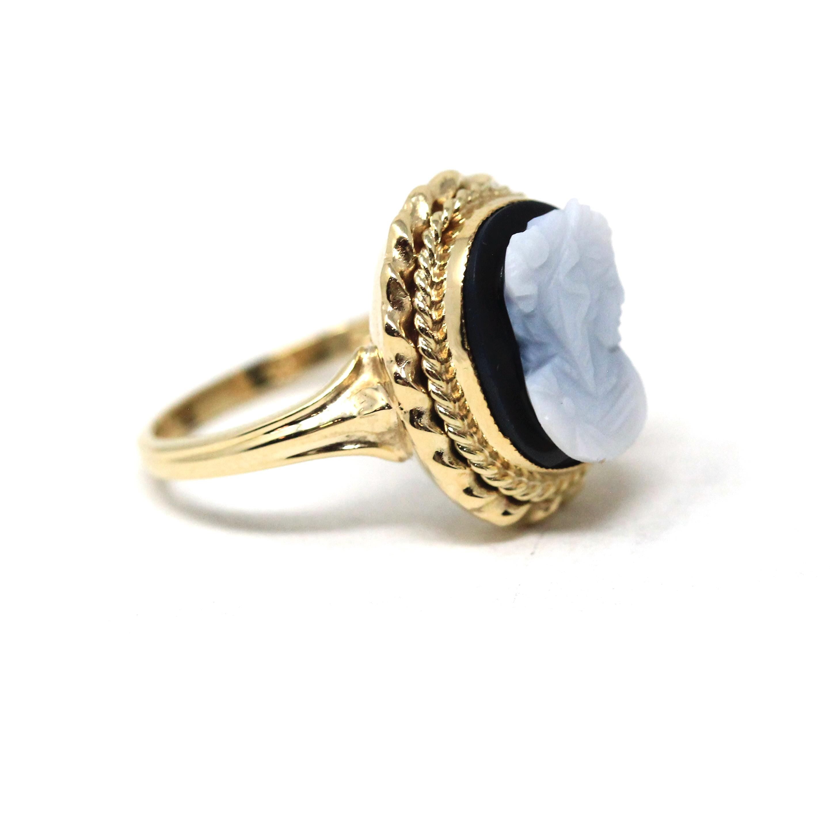 Vintage Onyx Cameo Ring - Retro 10k Yellow Gold Carved Oval Black and White Woman's Profile Silhouette - Circa 1960s Size 5 1/2 Fine Jewelry