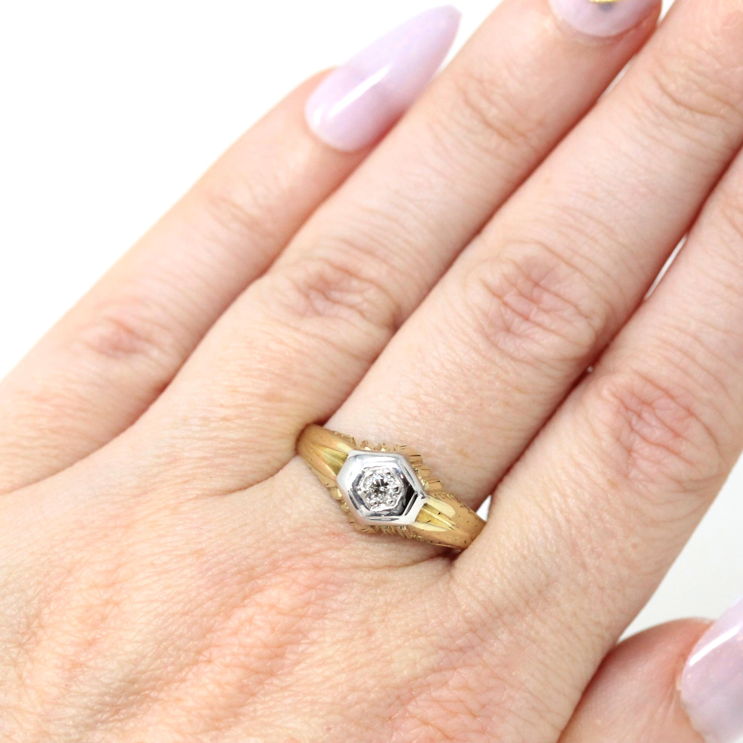 Vintage Diamond Ring - Art Deco Era 14k Yellow & White Gold Natural Gemstone - Circa 1930s Size 8 1/2 Fine Men's Unisex Engagement Jewelry