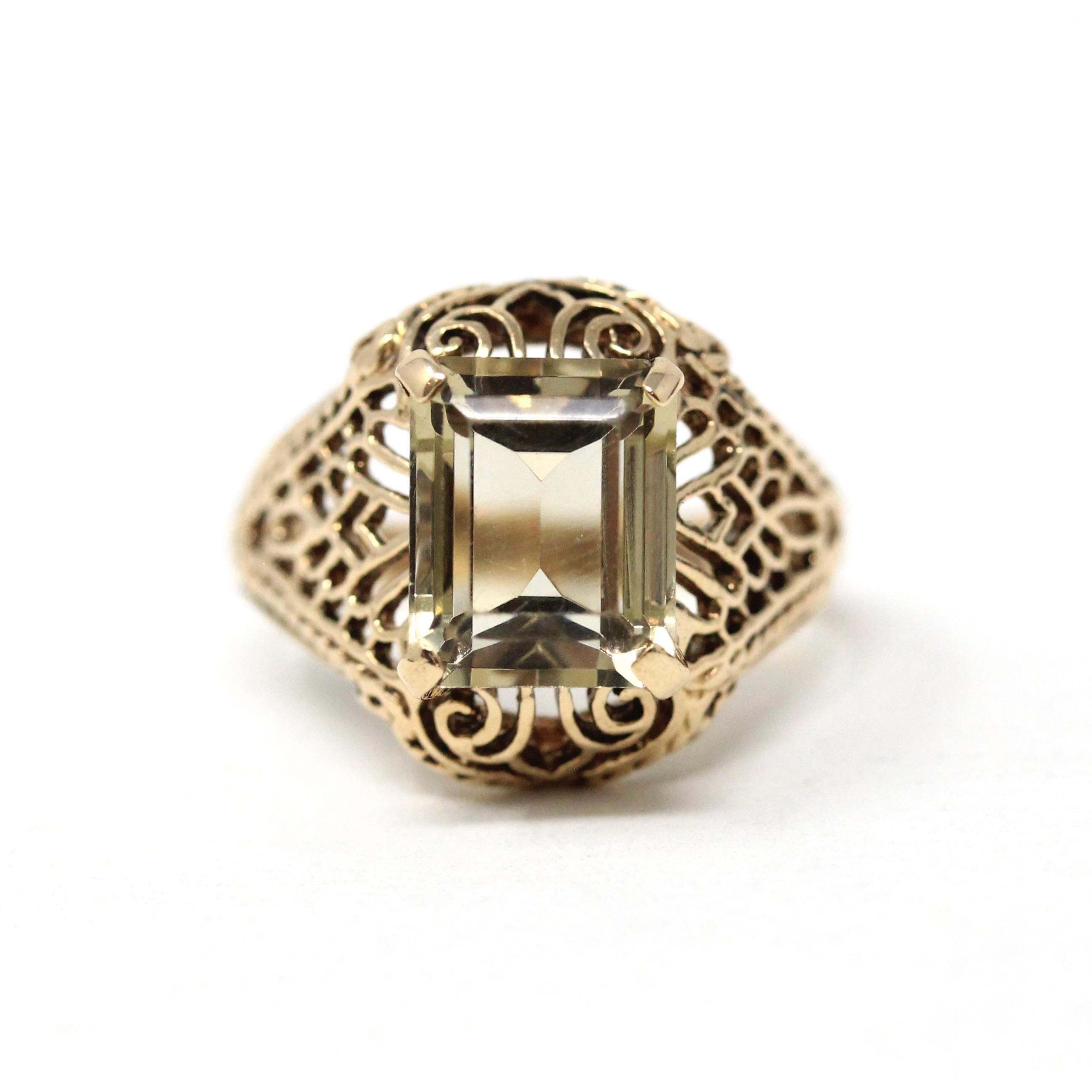 Modern Citrine Ring - Estate 10k Yellow Gold Natural Yellow Quartz Gemstone - Circa 2000s Size 6 3/4 Filigree Art Deco Style Fine Jewelry