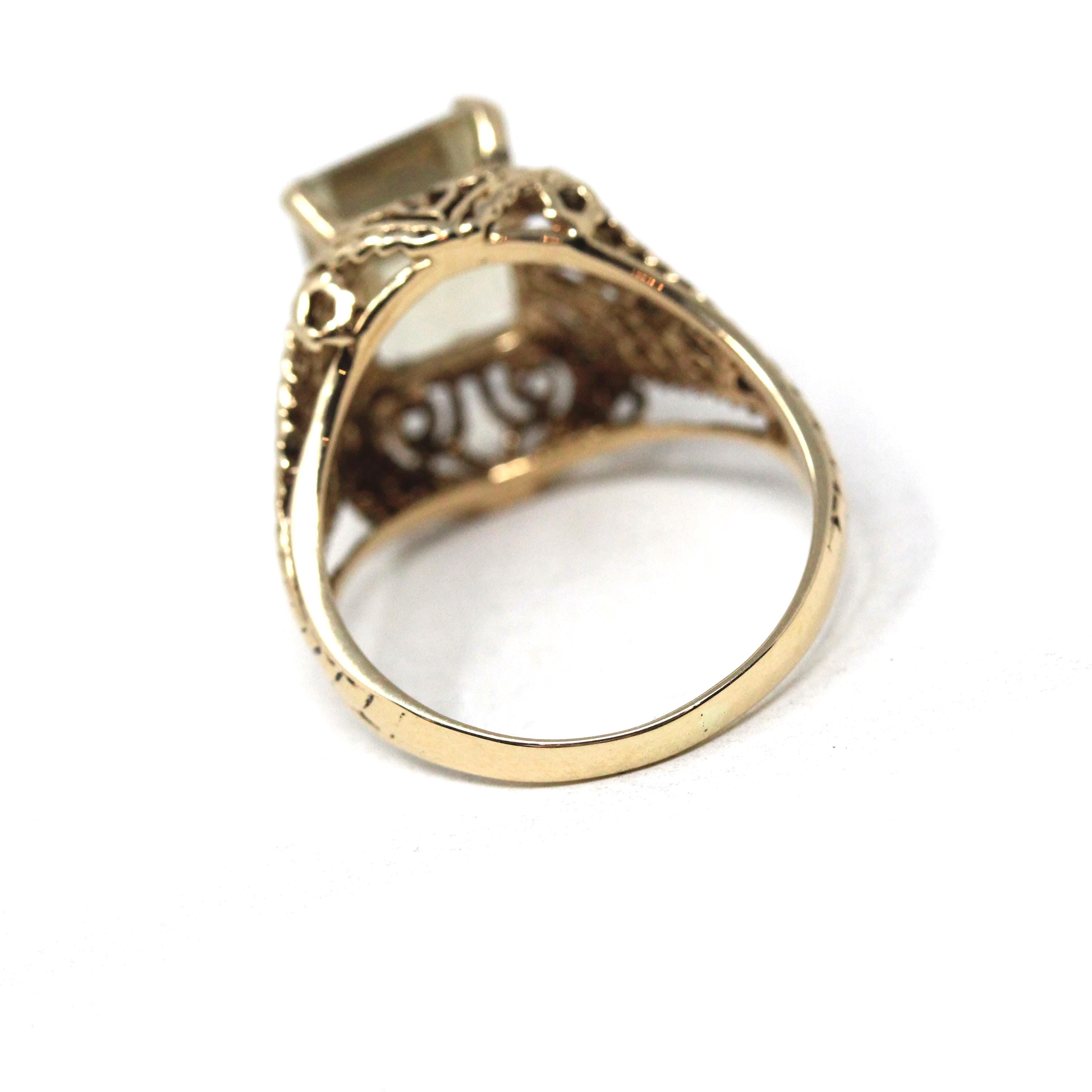 Modern Citrine Ring - Estate 10k Yellow Gold Natural Yellow Quartz Gemstone - Circa 2000s Size 6 3/4 Filigree Art Deco Style Fine Jewelry