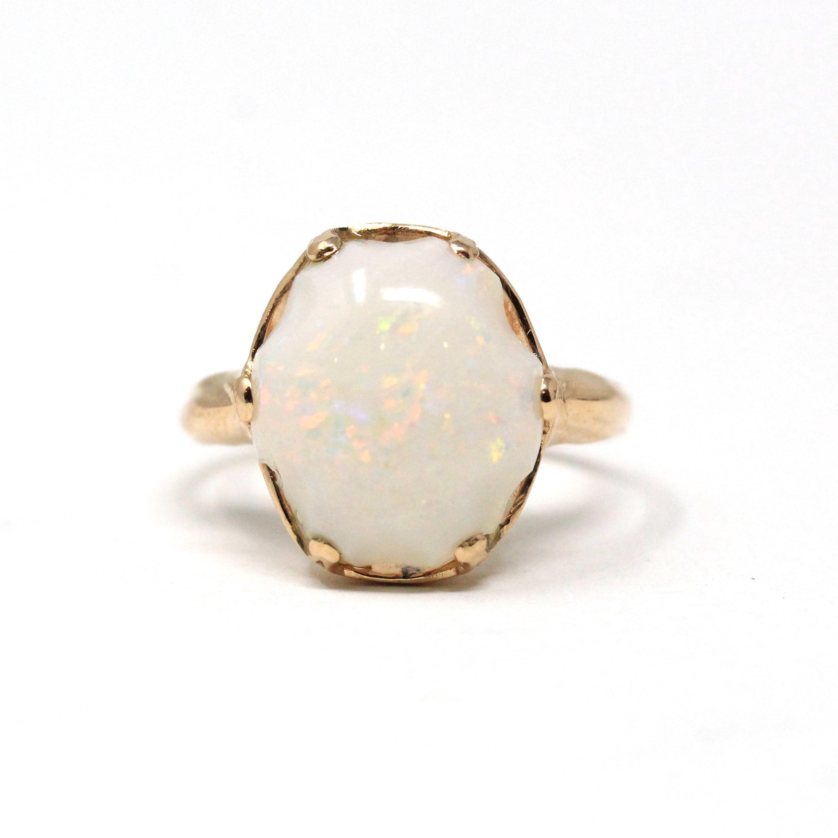 Vintage Opal Ring - Retro Era 14k Yellow Gold Fancy Cut Oval Cabochon Gem Solitaire - Circa 1960s Size 6 3/4 Fine October Birthstone Jewelry