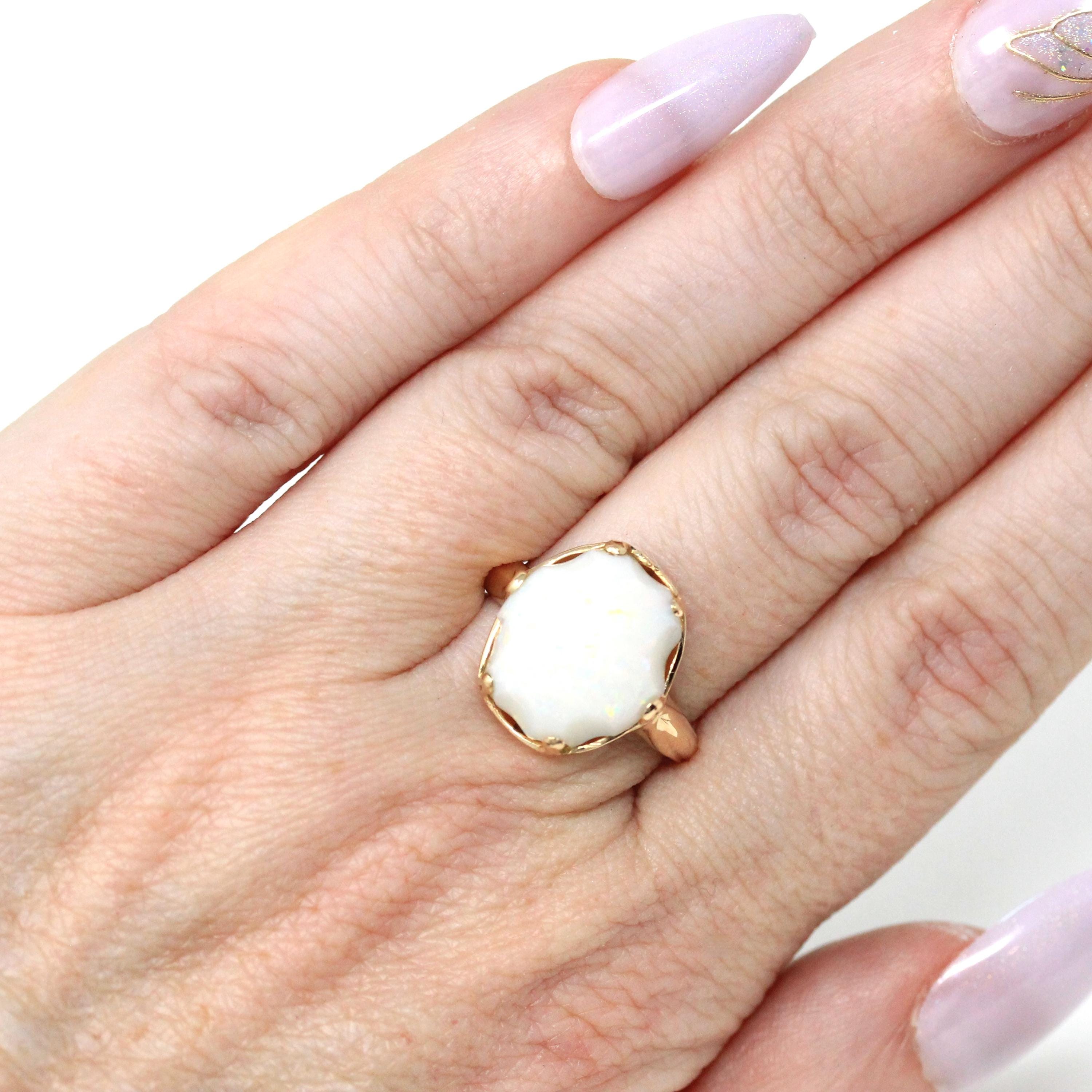 Vintage Opal Ring - Retro Era 14k Yellow Gold Fancy Cut Oval Cabochon Gem Solitaire - Circa 1960s Size 6 3/4 Fine October Birthstone Jewelry
