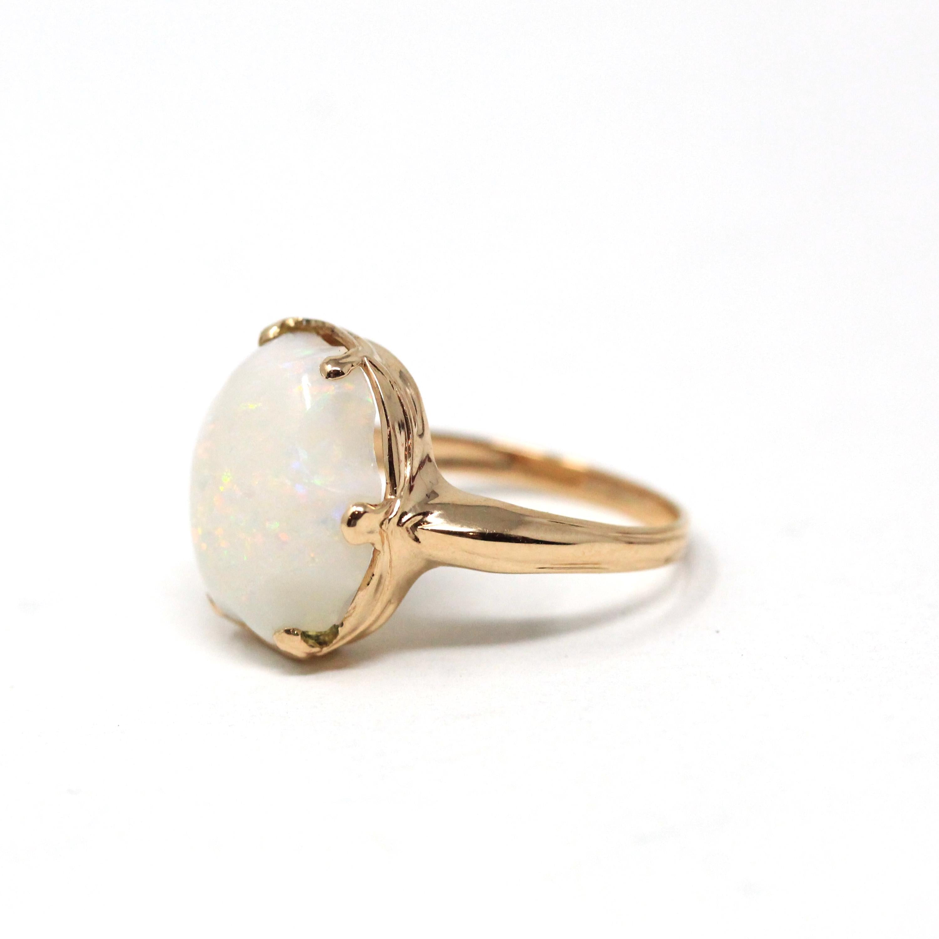 Vintage Opal Ring - Retro Era 14k Yellow Gold Fancy Cut Oval Cabochon Gem Solitaire - Circa 1960s Size 6 3/4 Fine October Birthstone Jewelry