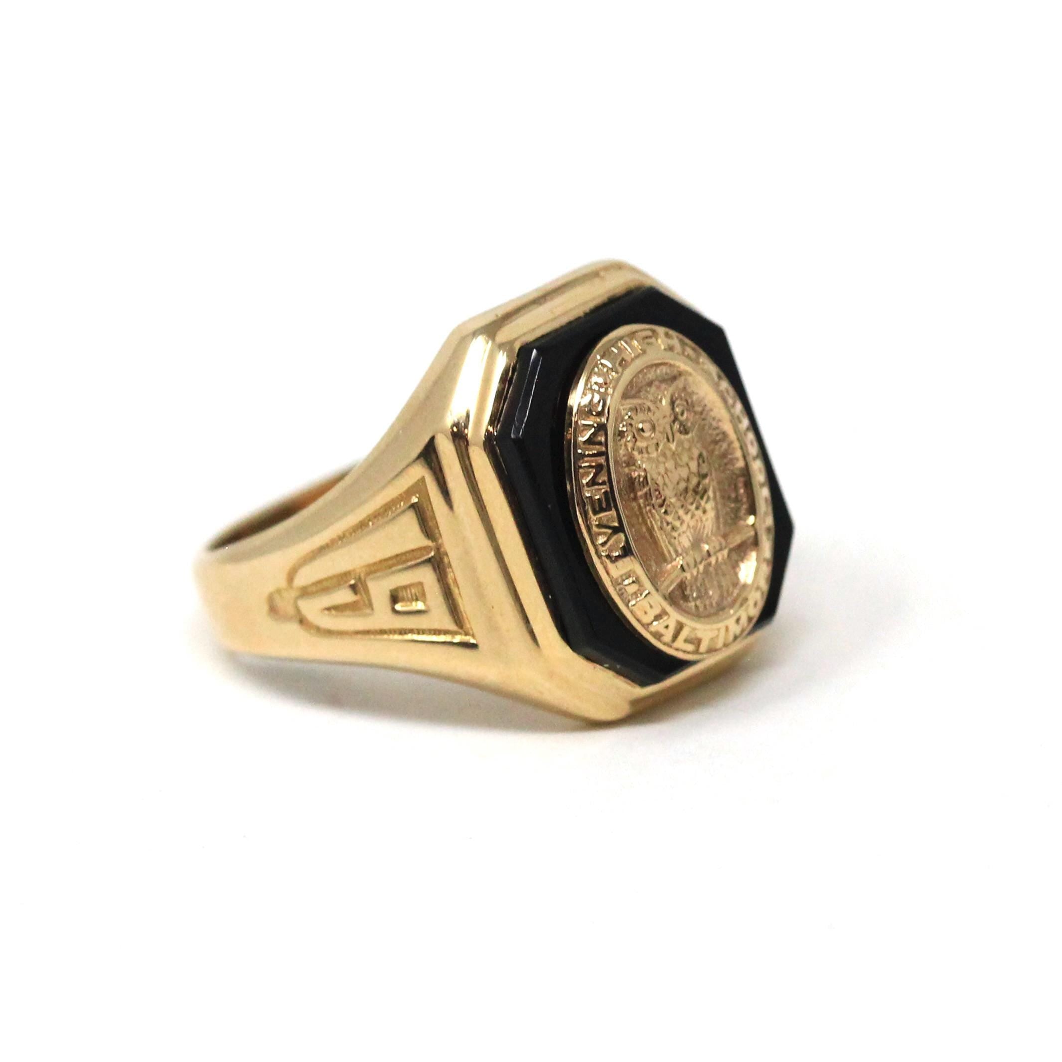 Onyx Signet Ring - Mid Century 10k Yellow Gold Natural Black Chalcedony Gem - Dated 1954 Size 8 Evening High School of Baltimore Owl Jewelry