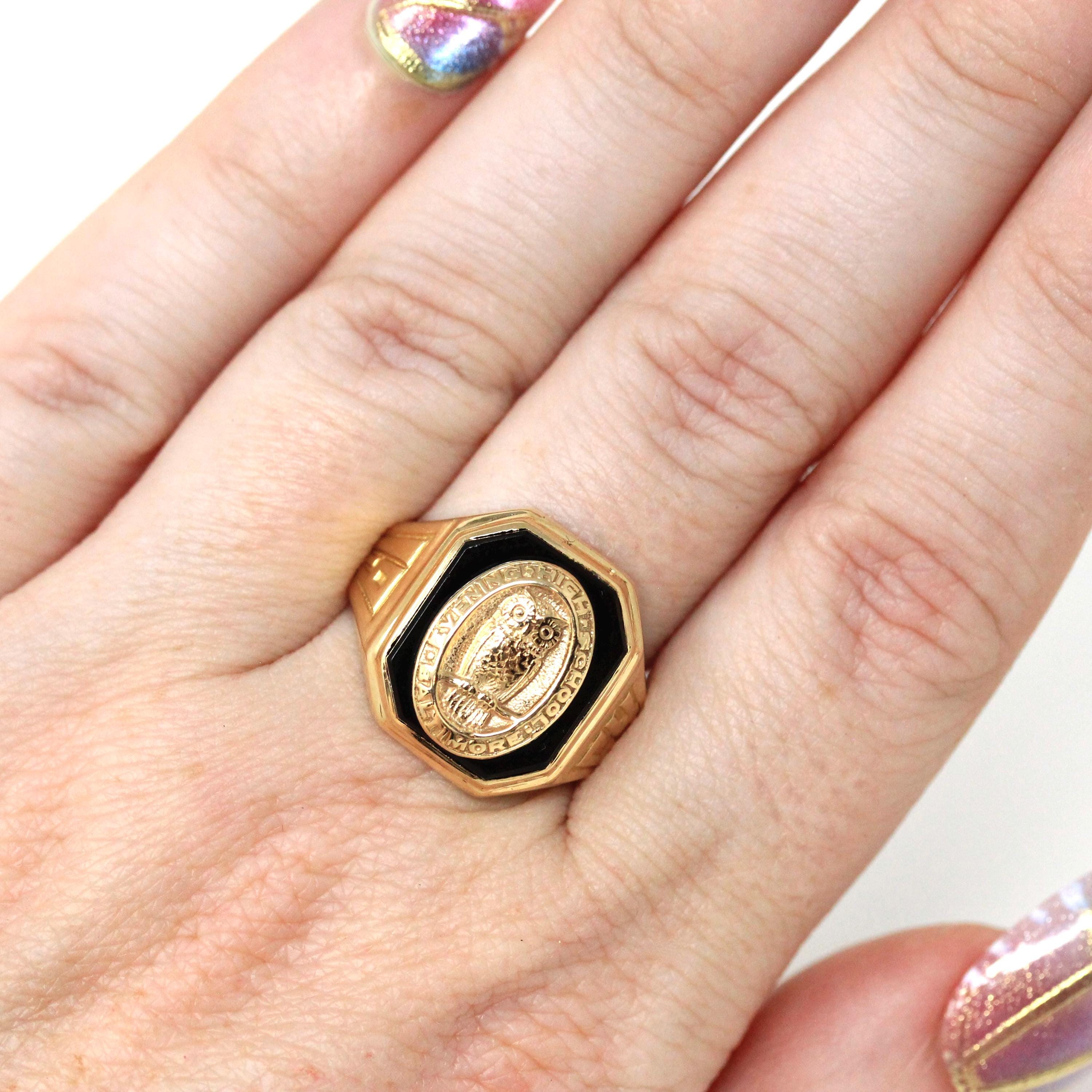 Onyx Signet Ring - Mid Century 10k Yellow Gold Natural Black Chalcedony Gem - Dated 1954 Size 8 Evening High School of Baltimore Owl Jewelry