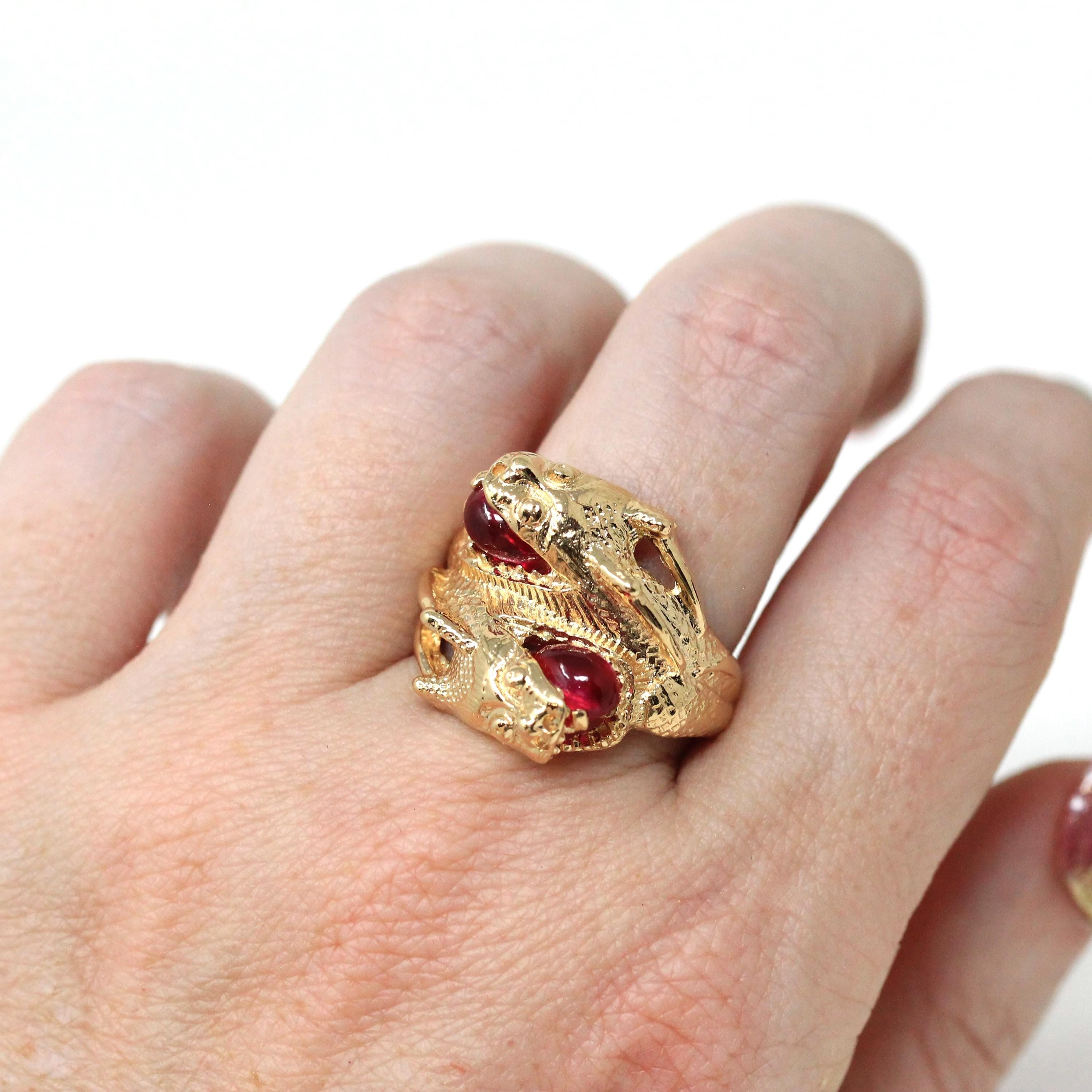 Dragon Bypass Ring - Modern 14k Yellow Gold Red Created Ruby Gemstones - Estate Circa 2000s Era Size 8.25 Fine Mythical Statement Jewelry