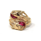 Dragon Bypass Ring - Modern 14k Yellow Gold Red Created Ruby Gemstones - Estate Circa 2000s Era Size 8.25 Fine Mythical Statement Jewelry