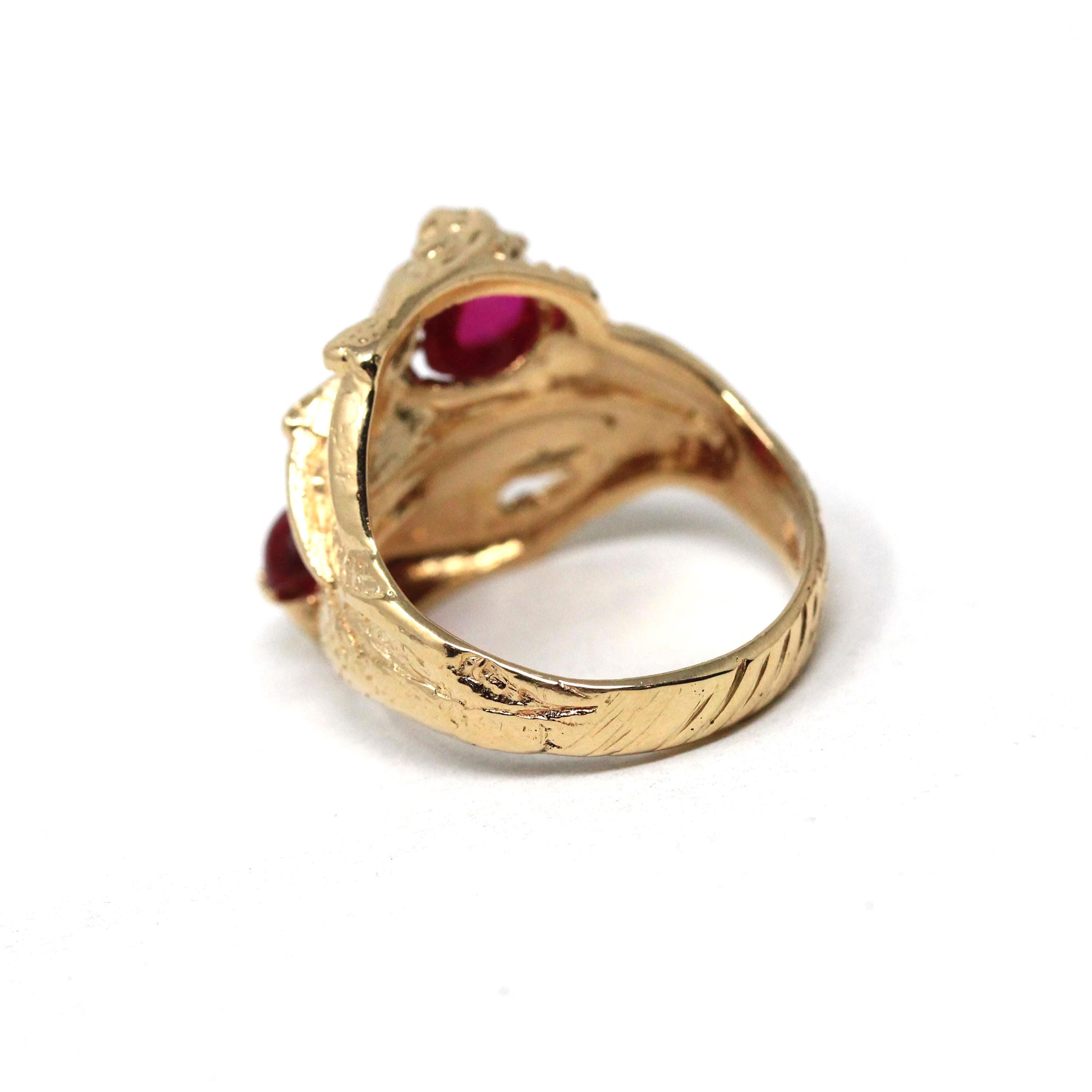 Dragon Bypass Ring - Modern 14k Yellow Gold Red Created Ruby Gemstones - Estate Circa 2000s Era Size 8.25 Fine Mythical Statement Jewelry