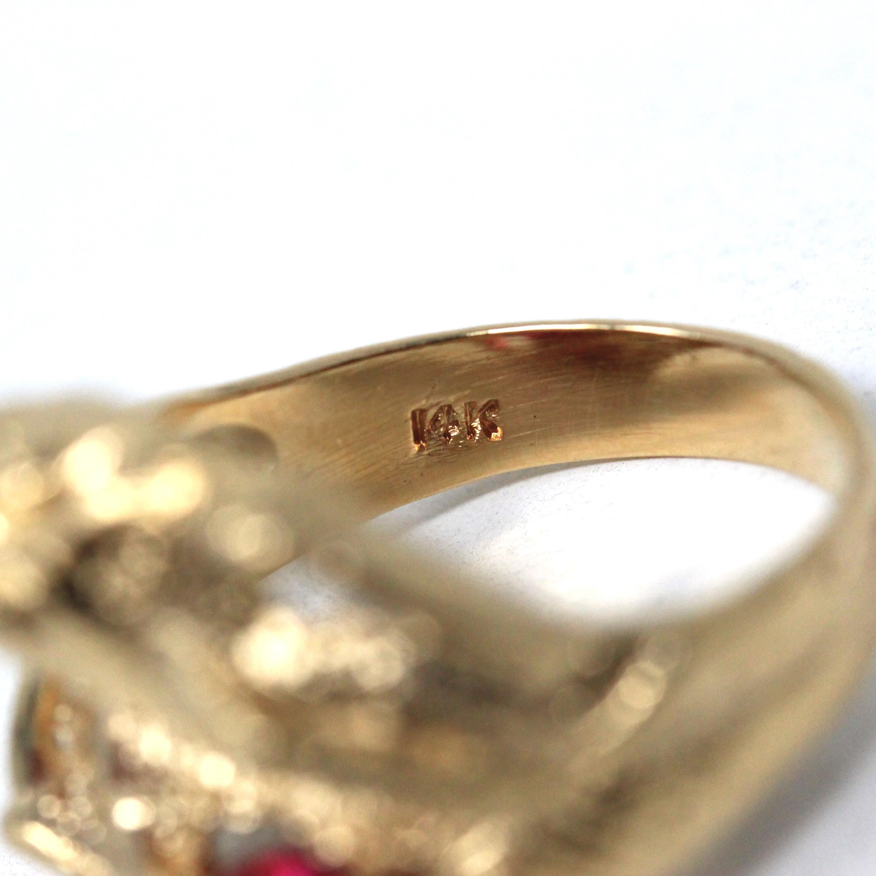 Dragon Bypass Ring - Modern 14k Yellow Gold Red Created Ruby Gemstones - Estate Circa 2000s Era Size 8.25 Fine Mythical Statement Jewelry