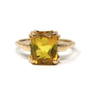 Vintage Created Yellow Sapphire Ring - Retro 10k Yellow Gold Rectangular Gemstone - Circa 1940s Size 6 Statement Solitaire Fine 40s Jewelry