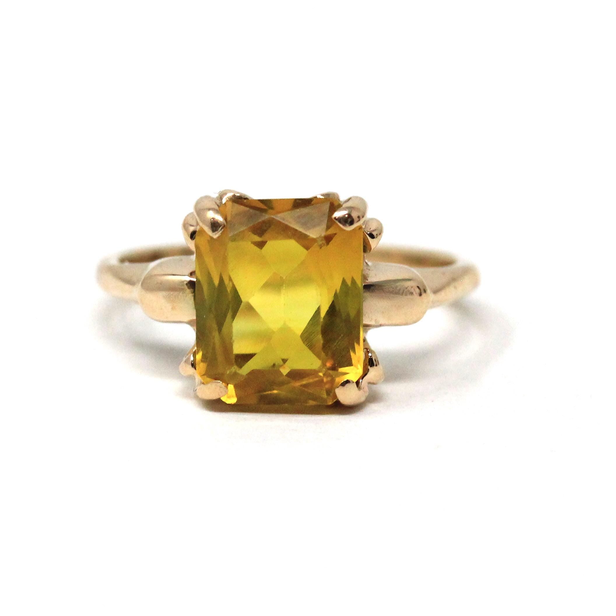 Vintage Created Yellow Sapphire Ring - Retro 10k Yellow Gold Rectangular Gemstone - Circa 1940s Size 6 Statement Solitaire Fine 40s Jewelry