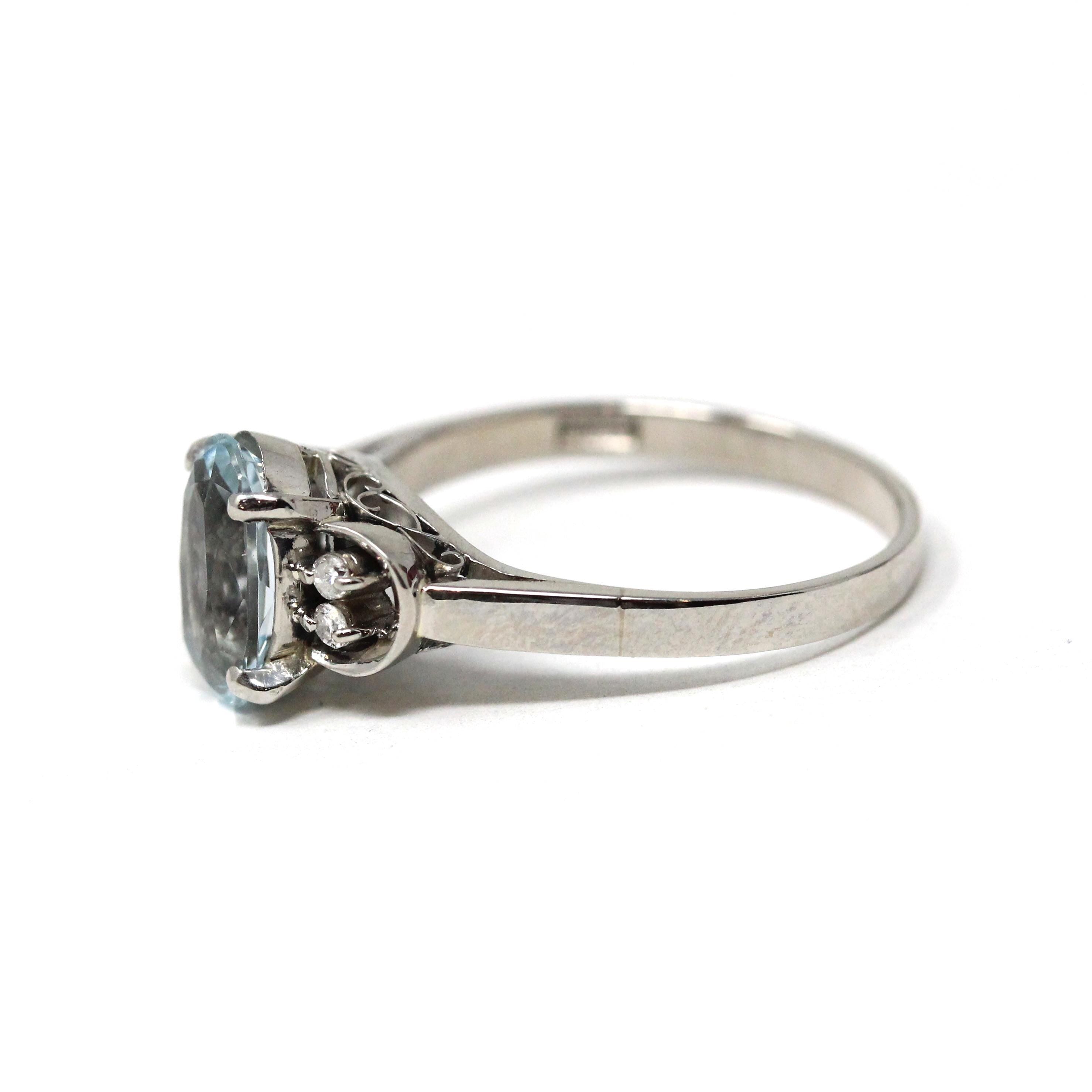 Aquamarine & Diamond Ring - Estate Platinum Oval Blue Natural Gemstones - Modern Size 8 Statement Fine Cocktail March Birthstone Jewelry