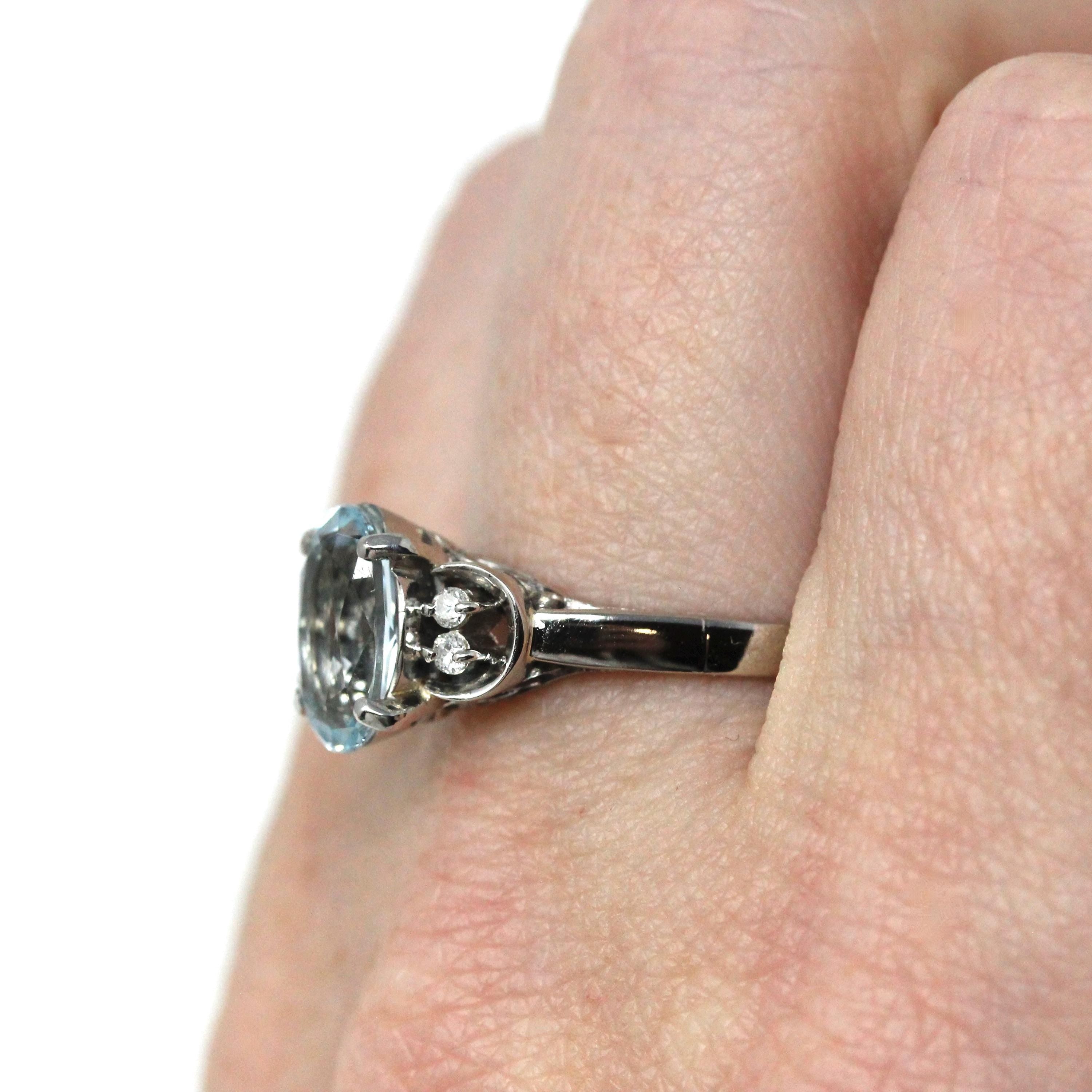 Aquamarine & Diamond Ring - Estate Platinum Oval Blue Natural Gemstones - Modern Size 8 Statement Fine Cocktail March Birthstone Jewelry