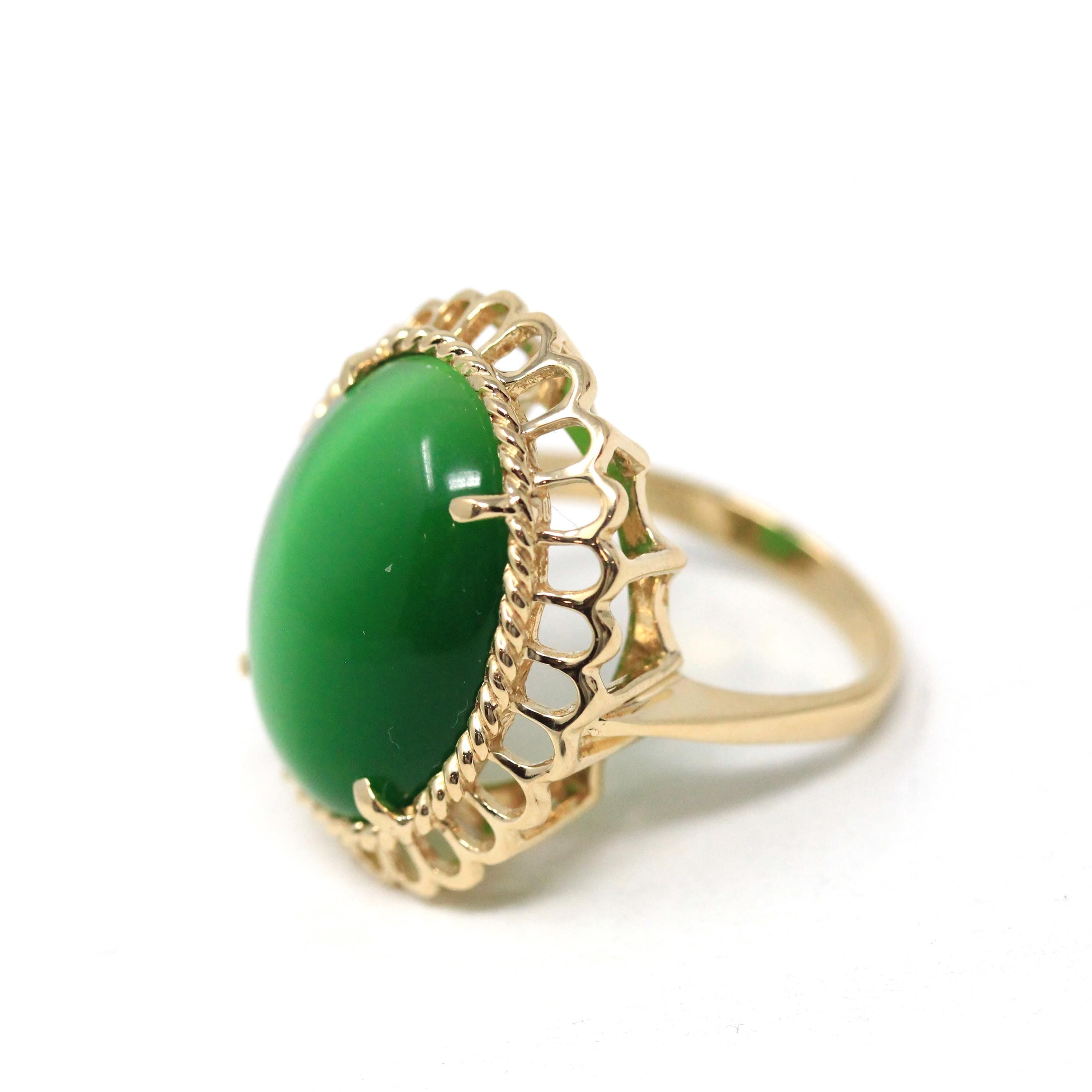 Cats Eye Glass Ring - Modern 14k Yellow Gold Oval Cabochon Green Stone - Estate Circa 2000s Era Size 6.5 Scalloped Halo Fine Fashion Jewelry