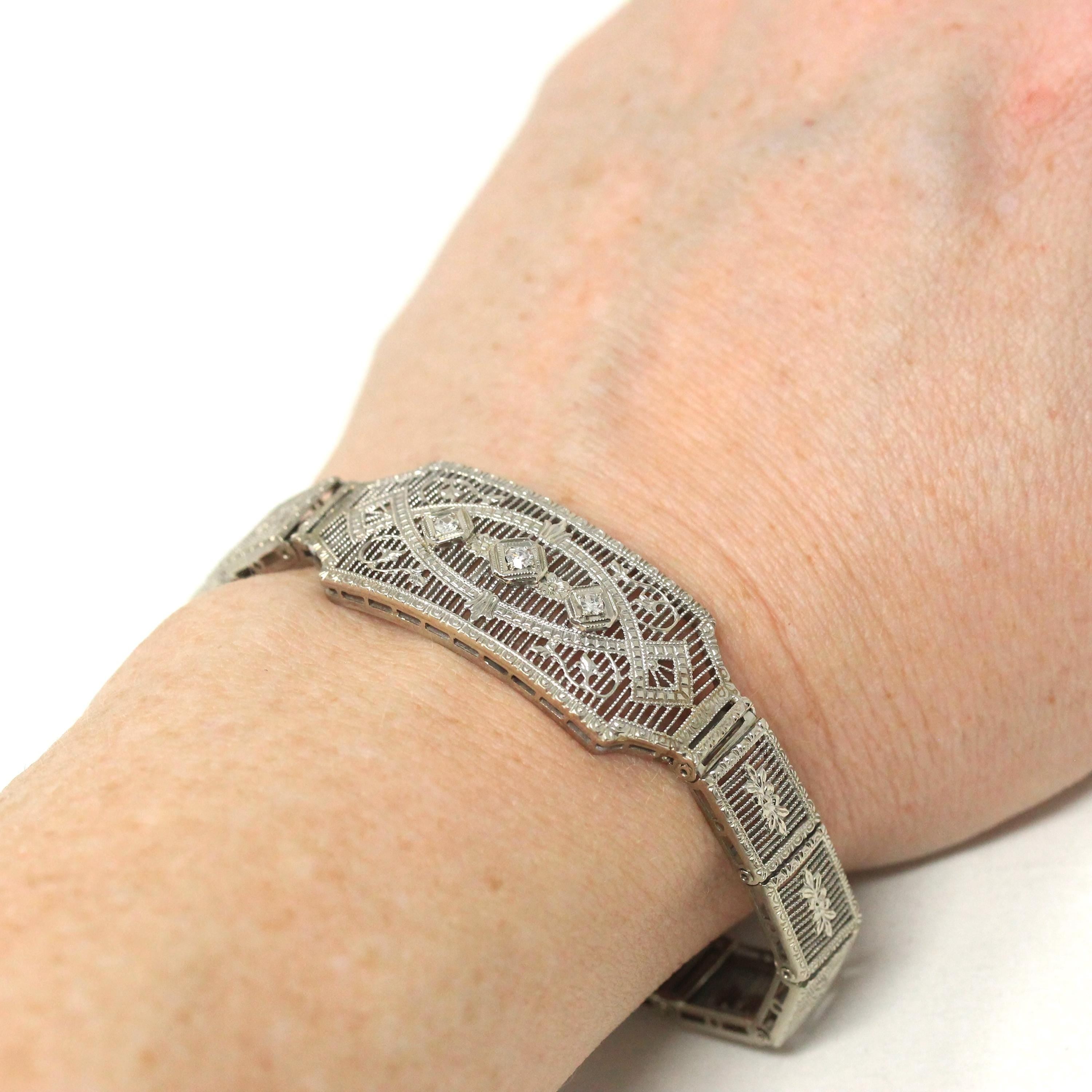 Art Deco Diamond Bracelet - Vintage 10k White Gold Filigree Natural .10 CTW Gemstones - Circa 1930s Era Wedding Filigree Panels Fine Jewelry