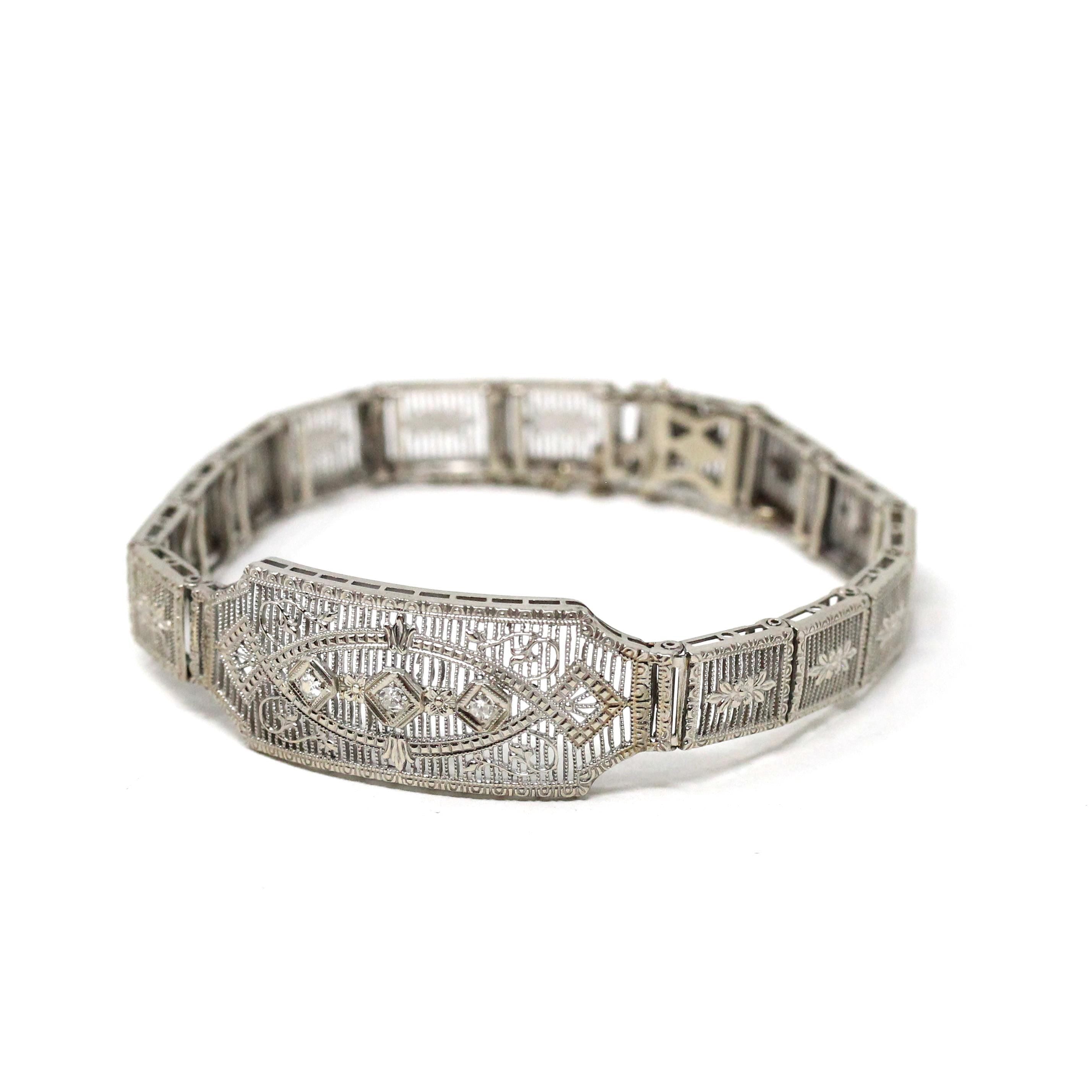 Art Deco Diamond Bracelet - Vintage 10k White Gold Filigree Natural .10 CTW Gemstones - Circa 1930s Era Wedding Filigree Panels Fine Jewelry