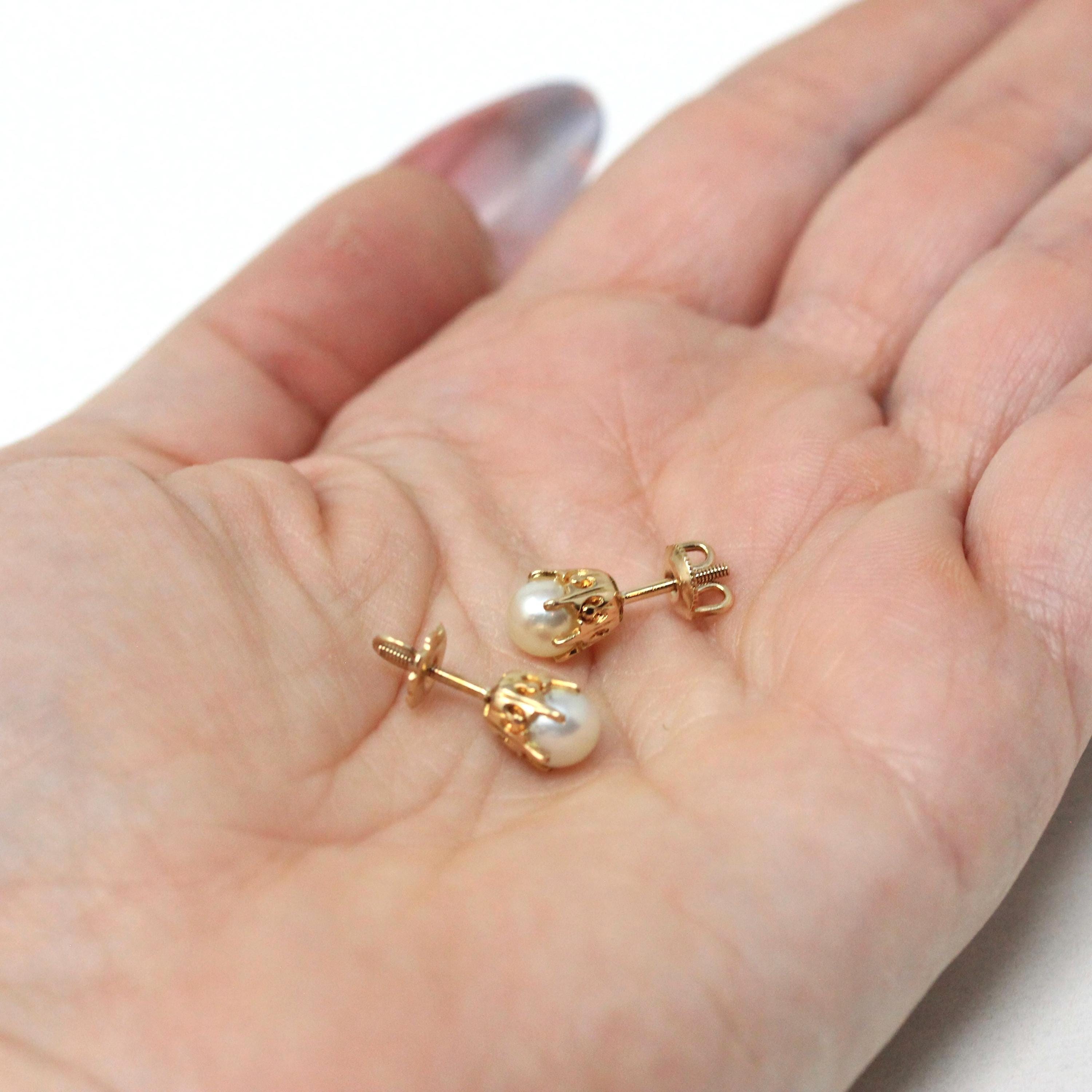 Vintage Cultured Pearl Earrings - Mid Century 10k Yellow Gold Round White Organic Gemstone Screw Backs - Circa 1940s Era BDA Fine Jewelry
