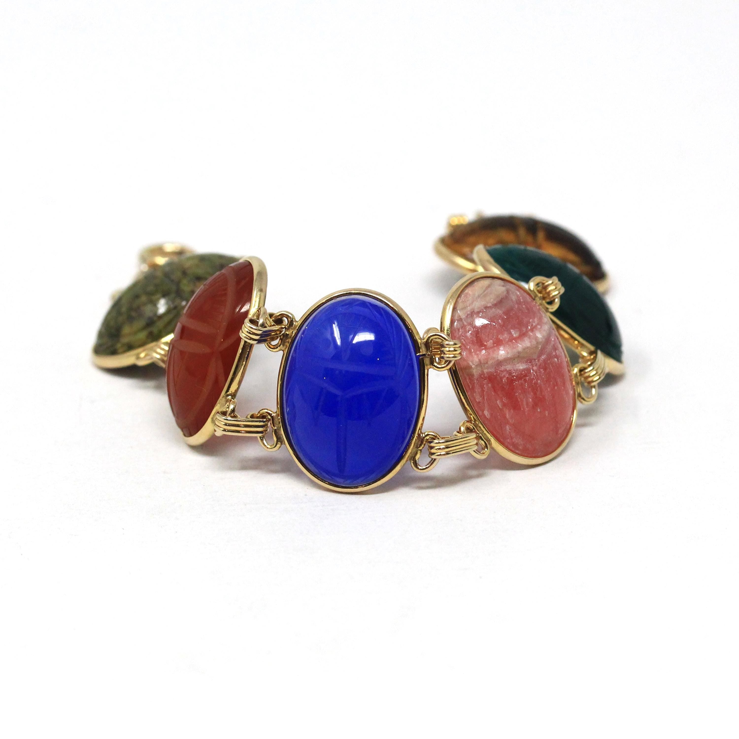 Vintage Scarab Bracelet - Retro Gold Filled Carved Natural Gems - Circa 1960s Egyptian Revival Unakite Chalcedony Sard Tiger's Eye Jewelry