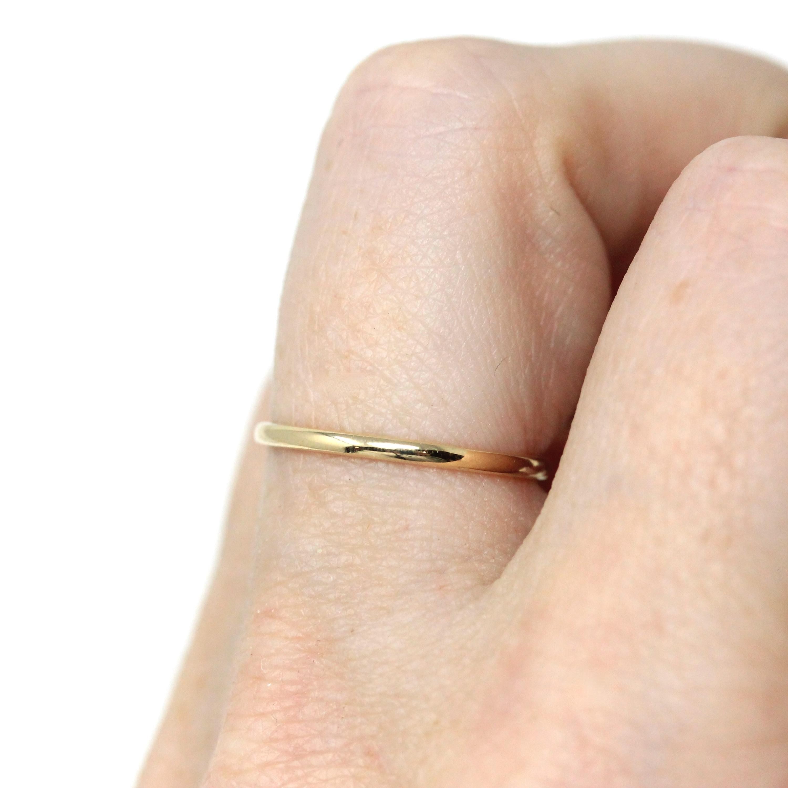 Vintage Wedding Band - Mid Century 14k Yellow Gold Plain Dainty Bridal Ring - Dated 1946 Size 5 3/4 Stacking Art Carved JR Wood Fine Jewelry