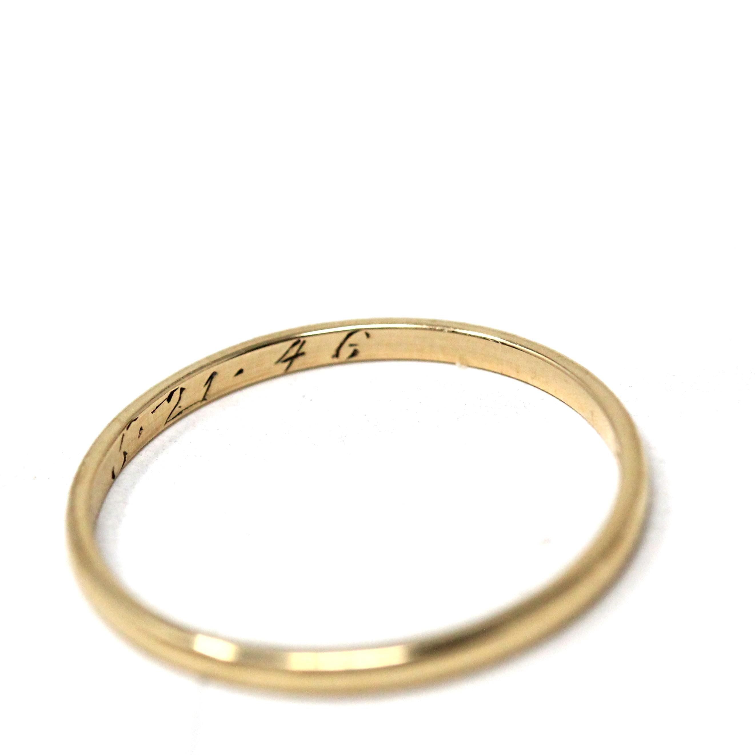 Vintage Wedding Band - Mid Century 14k Yellow Gold Plain Dainty Bridal Ring - Dated 1946 Size 5 3/4 Stacking Art Carved JR Wood Fine Jewelry