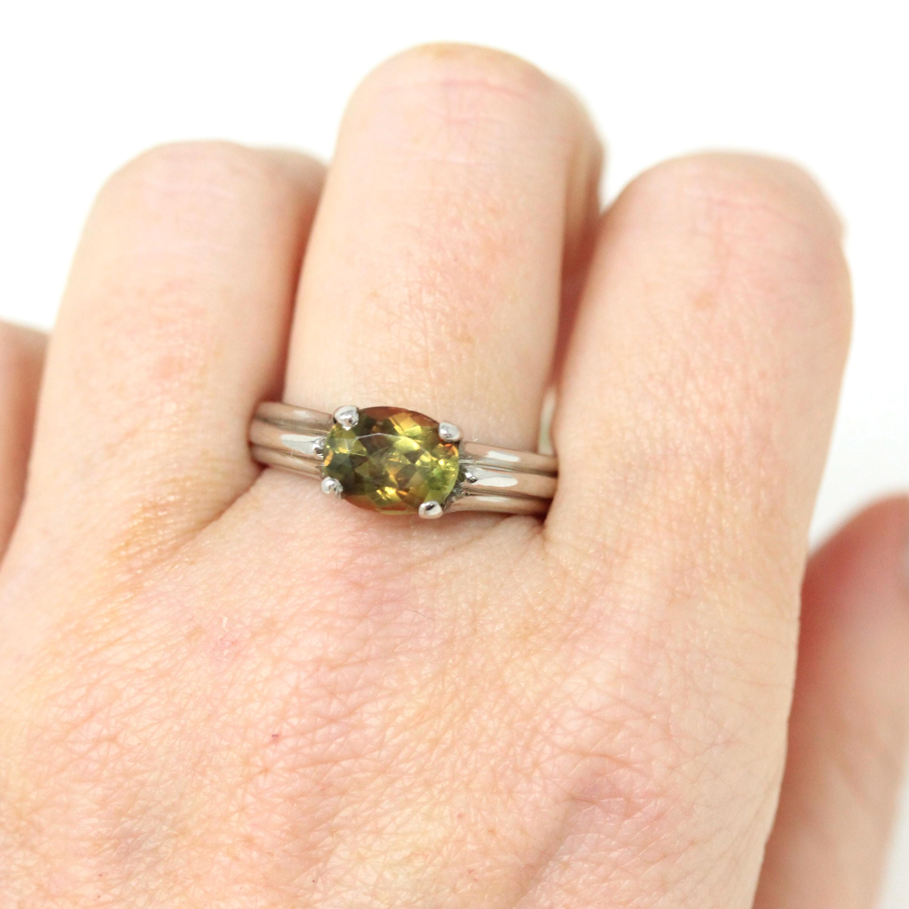 Estate Andalusite Ring - Modern Platinum Solitaire Natural Gemstone East West Green Orange - Size 7 1/2 Alternative Engagement Fine Jewelry