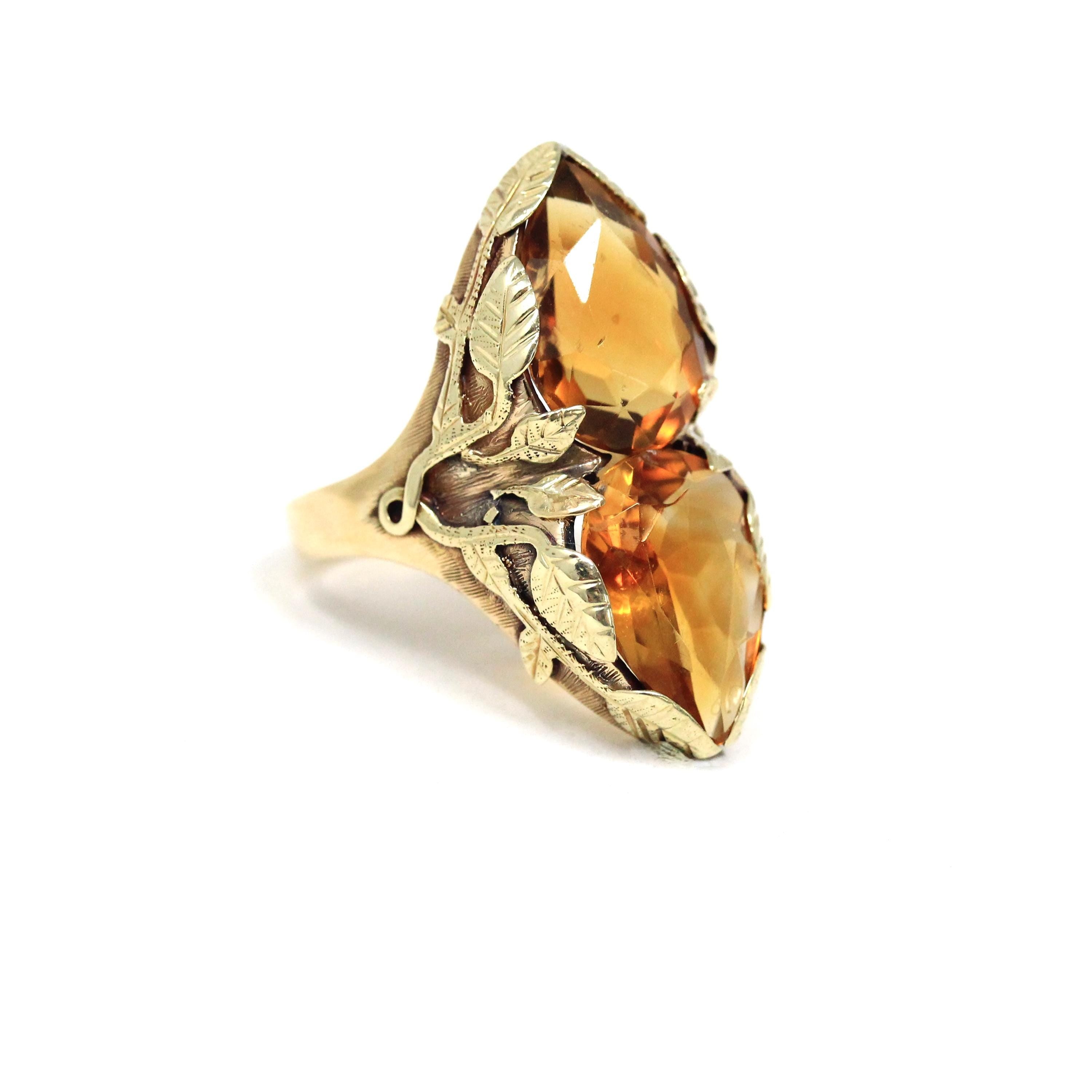 Antique Citrine Ring - Art Nouveau 14k Yellow Gold Two Yellow Gemstones - Circa 1910s Size 7 3/4 Fine November Birthstone Statement Jewelry