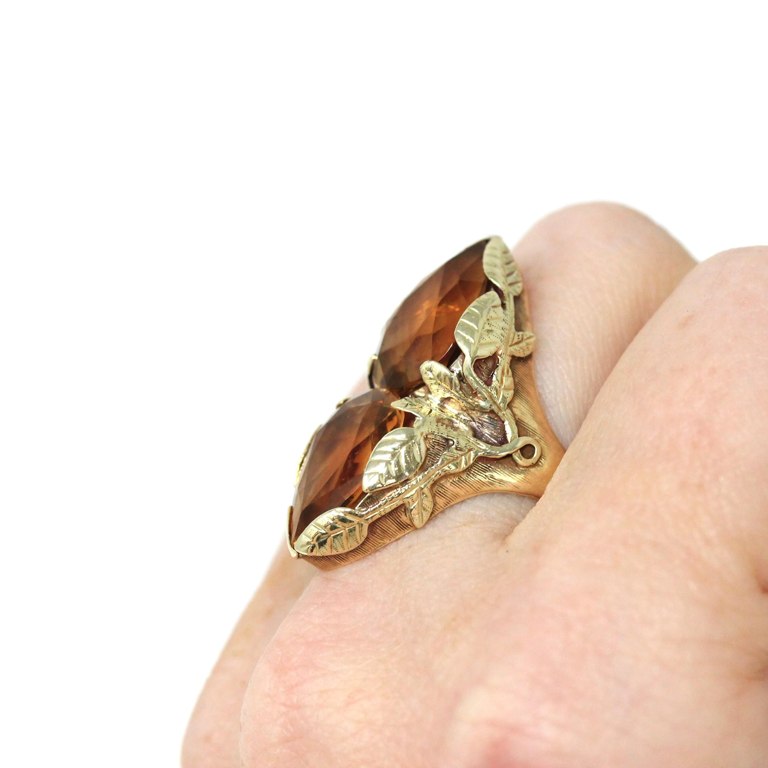 Antique Citrine Ring - Art Nouveau 14k Yellow Gold Two Yellow Gemstones - Circa 1910s Size 7 3/4 Fine November Birthstone Statement Jewelry